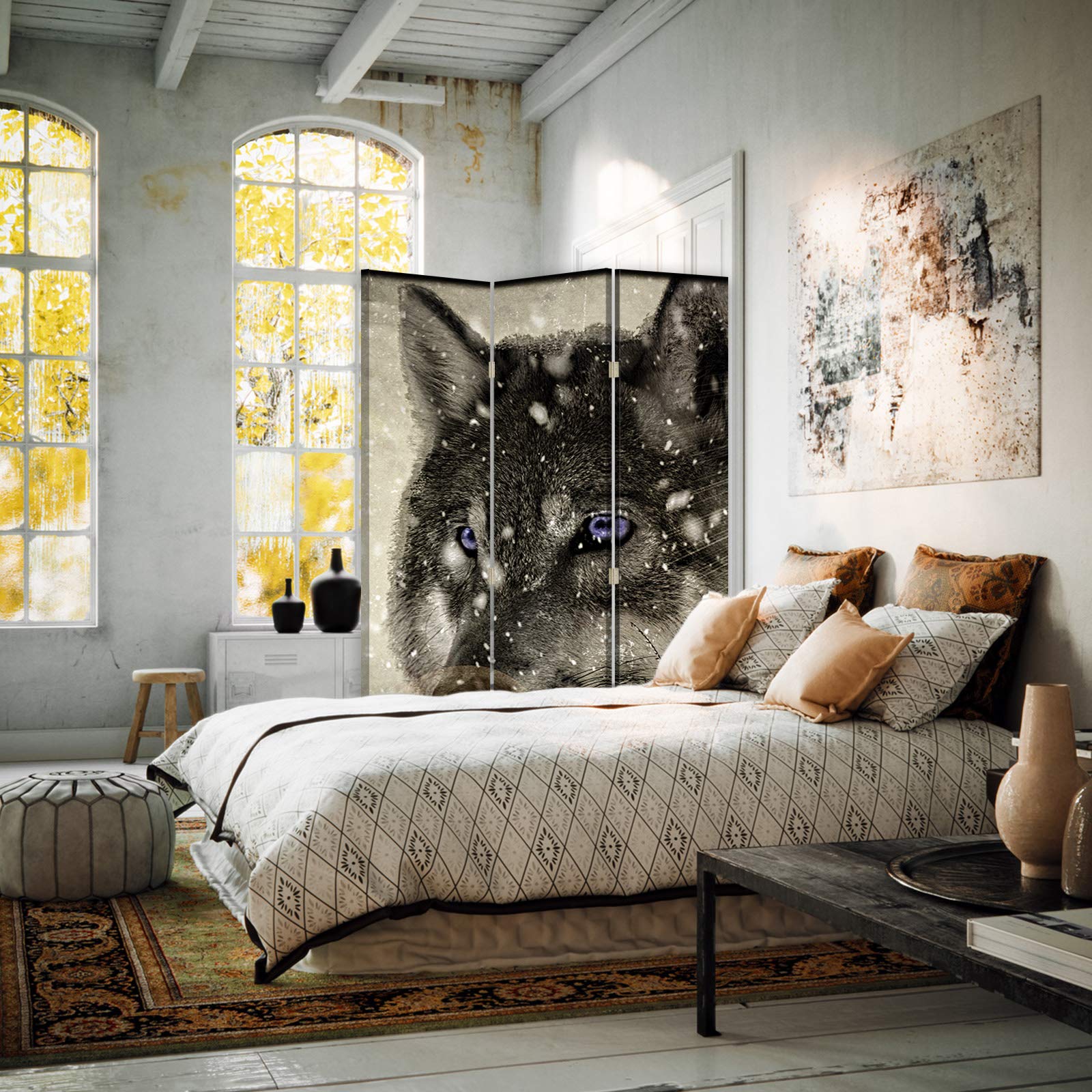 Paravent déco à Inversion de Sens Tête de Loup 3 Panneaux Yeux Gris 110x175 cm