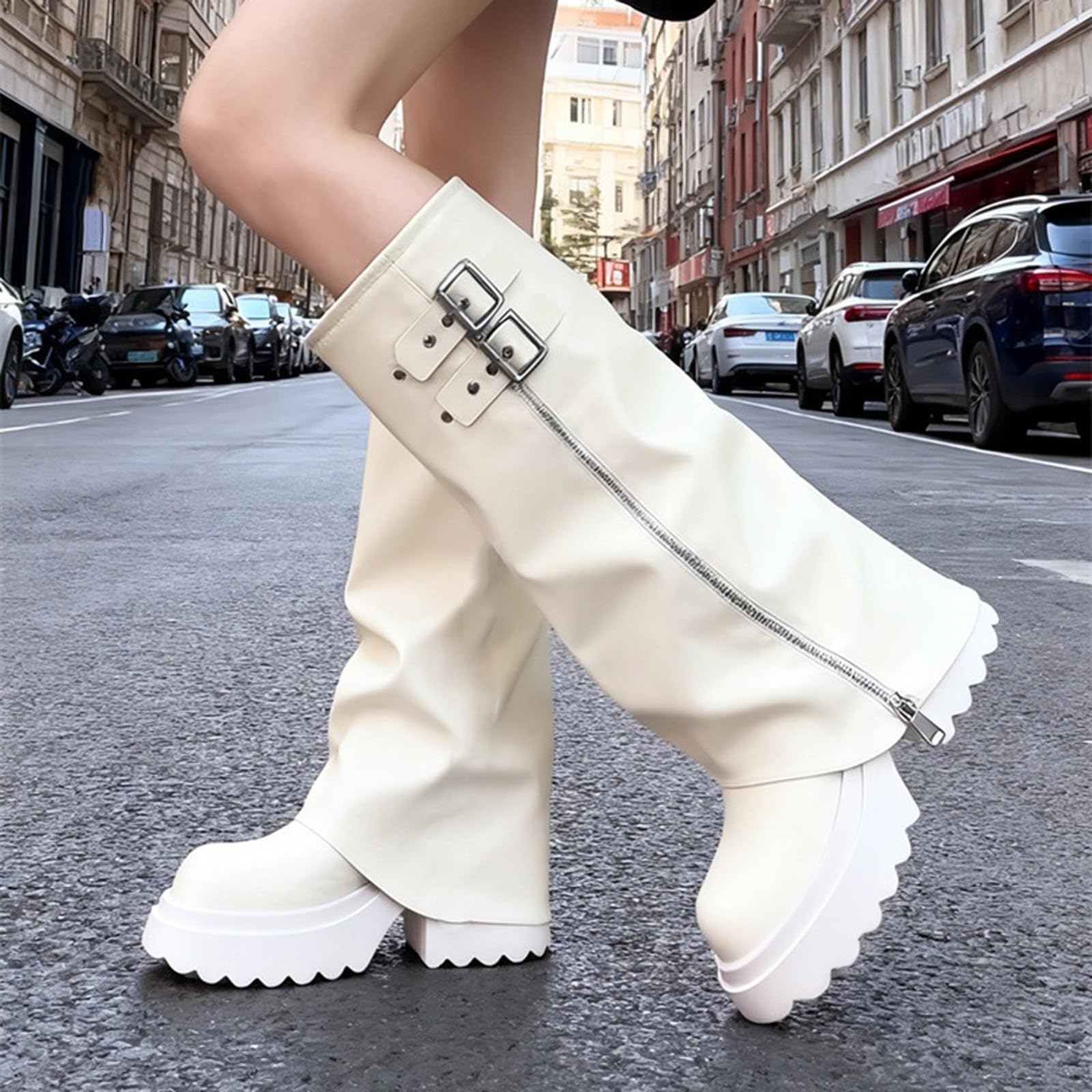 Stivali da donna eleganti al ginocchio, con plateau, pieghevoli