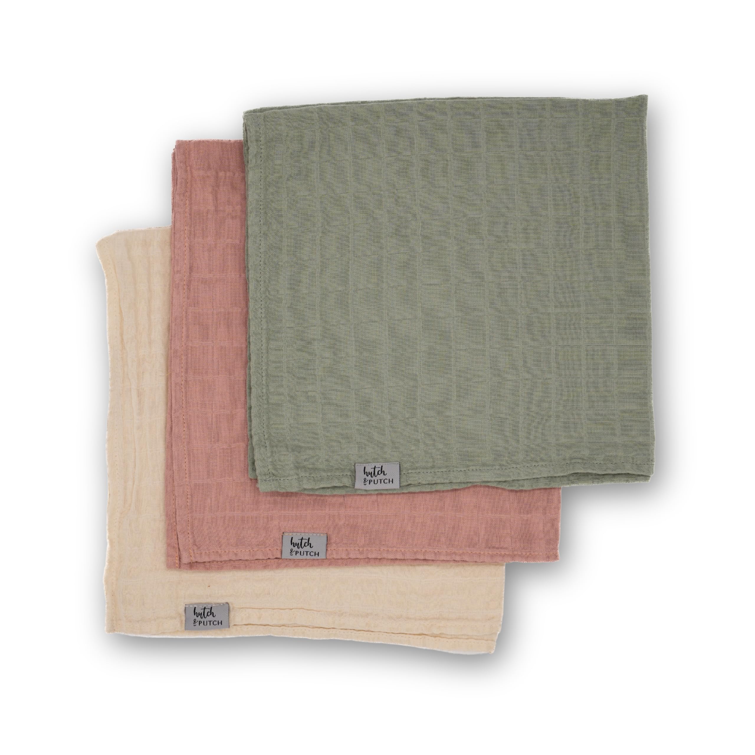 hutch&putch 3er Set Mulltuch einfarbig 100% Bio-Baumwolle 120x120cm - Pucktuch Baby - Musselin Wickeltuch - Kuscheltuch - Geschenk zur Geburt… (Rosa/Salbeigrün/Cremeweiß)