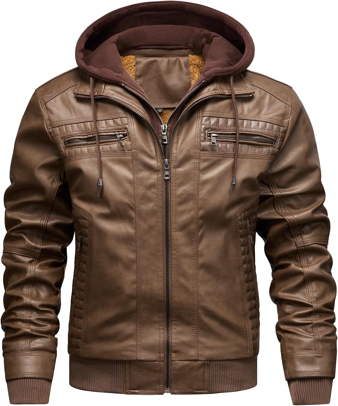 INVACHI Men's Leather Jacket Motorcycle Bomber Jacket Windproof PU Vintage Jacket with Removable Hood - Image 4