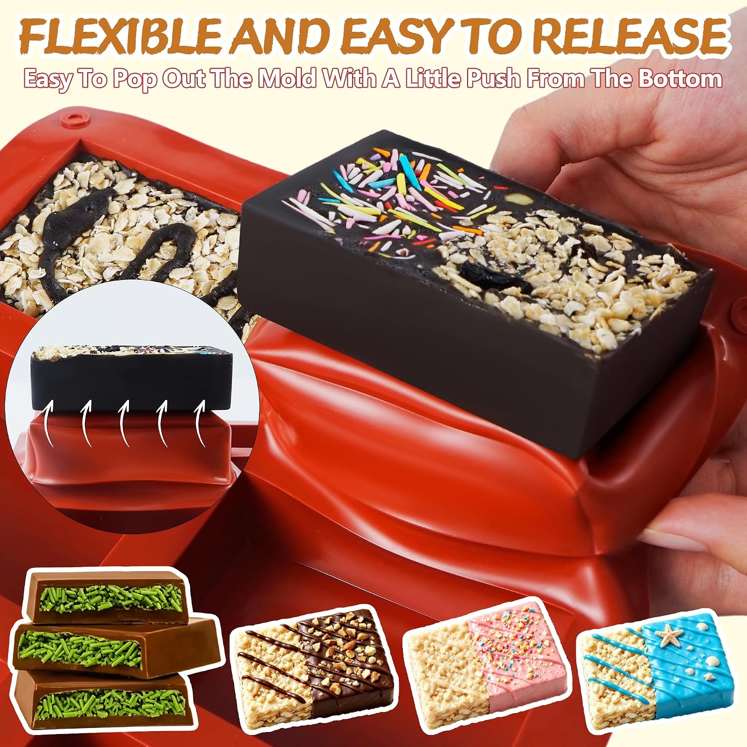 3Pcs Food-Grade Rice Snacks Molds, 6-Cavity Granola Bar Molds Silicone for Granola Bar Snacks, Non-stick Dubai Chocolate Molds for Chocolate, Brownie