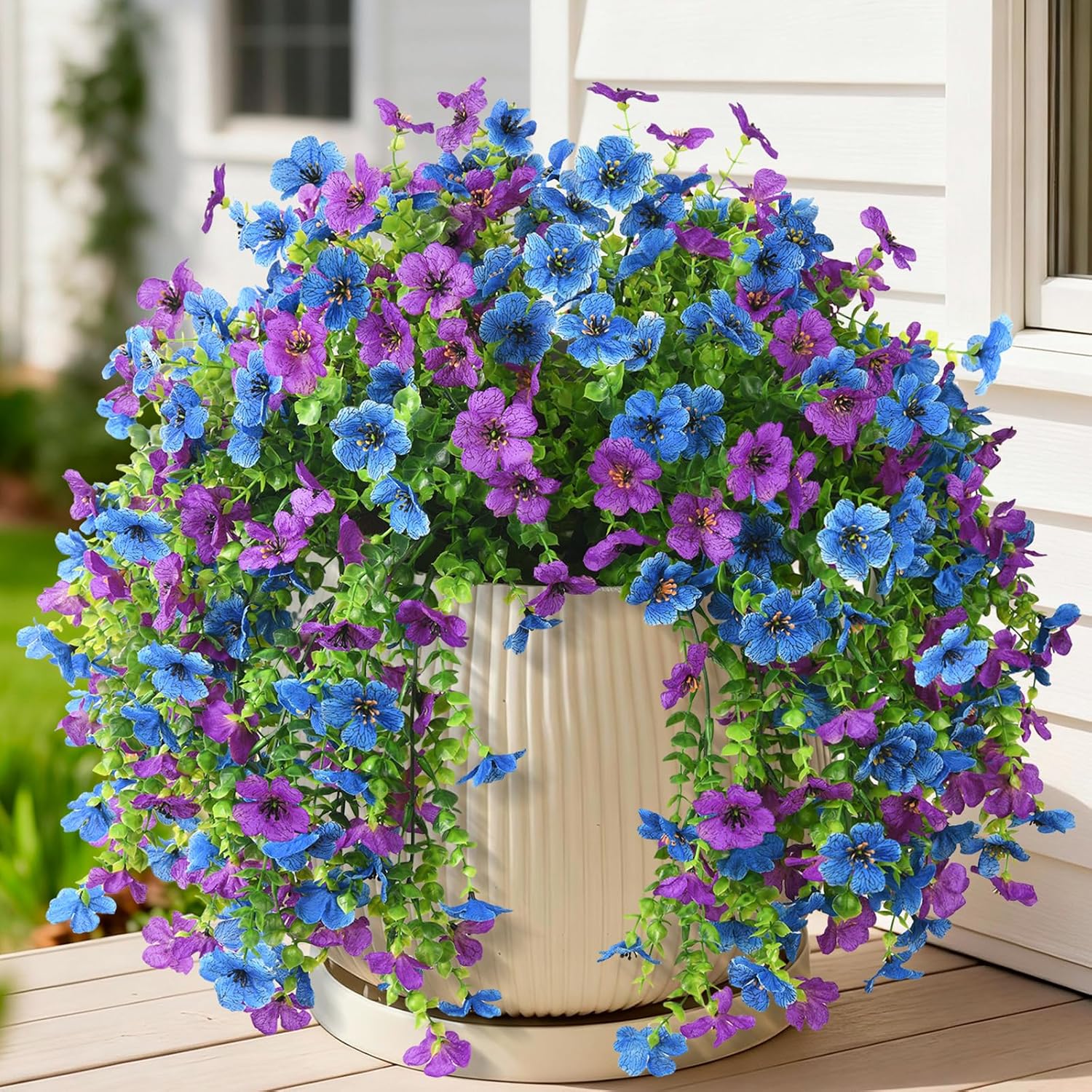 Artificial Faux Flowers Plants for Outdoor Spring Summer Decoration, 2 PCS Fake Silk Daisy Flowers No Fade UV Resistant Realistic for Outside Home Planter Porch Patio Balcony Yard Decor (Blue Purple)
