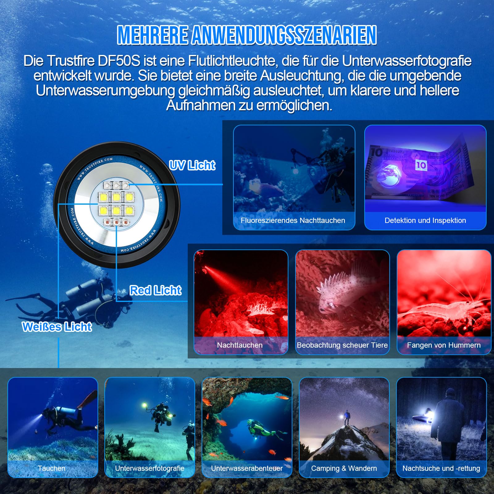TrustFire DF50S Tauchlampe 6500 Lumen LED Tauchen Taschenlampe 70M Unterwasser Foto Füllbeleuchtung Weiß UV Rot Licht
