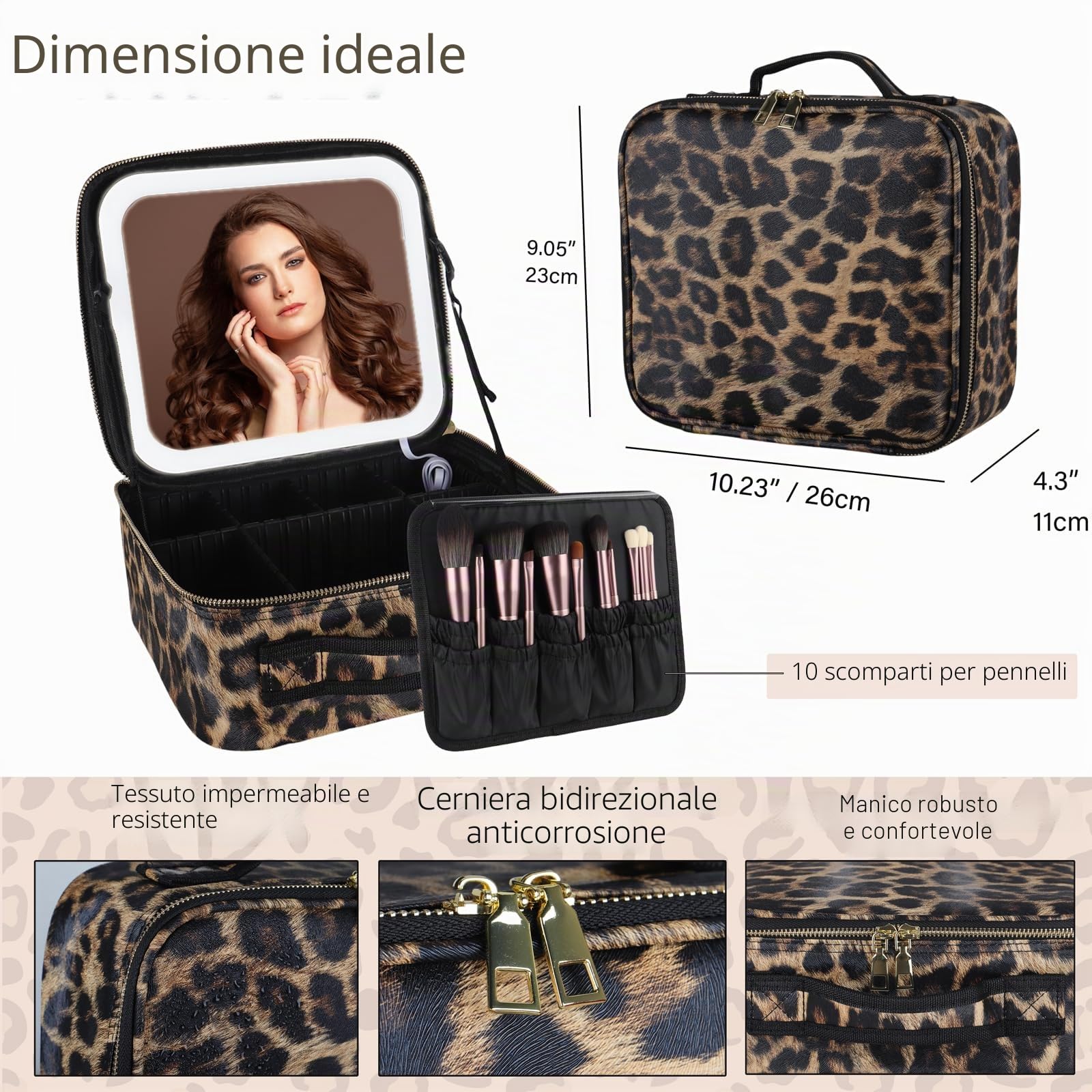 Borsa cosmetica con luce a LED, per il trucco, per viaggi, cosmetici, da donna, regalo per donna, motivo leopardato, misura media, motivo leopardato, medium-sized