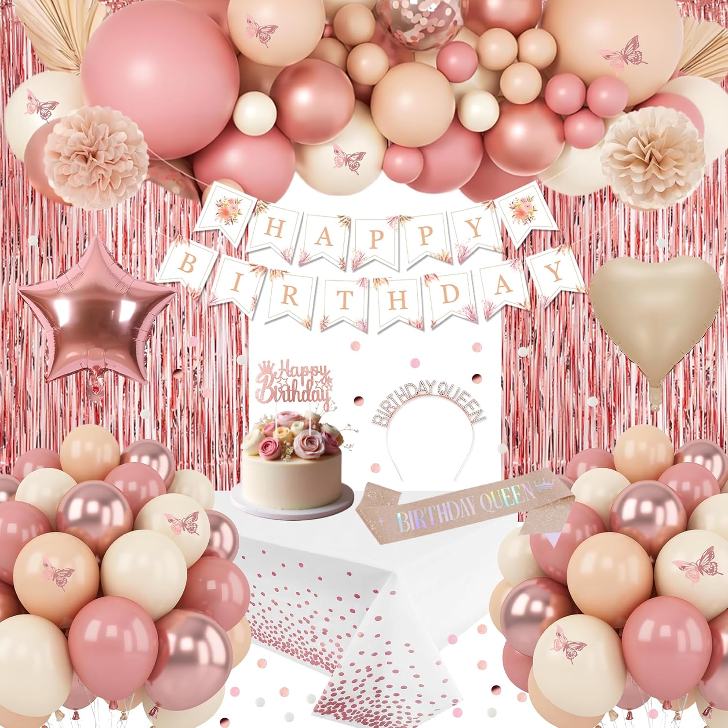 Birthday Decorations for Women Girls, Retro Blush Pink Birthday Party Decorations, Happy Birthday Banner, Crown, Sash, Pink Rose Gold White Sand Nude Balloons, Butterfly, Fringe Curtain, Tablecloth