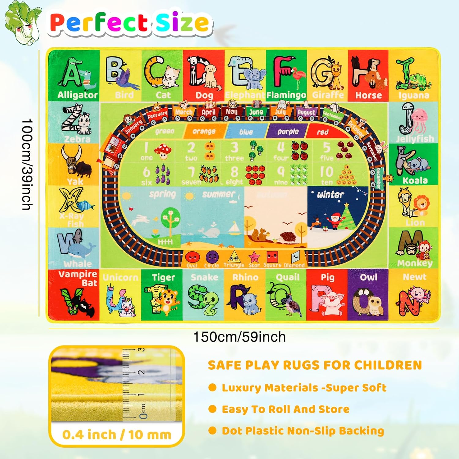 ABC Kids Rug for Playroom 59"×39.4" Baby Play Mat Alphabet Rug Animal Number Shape Classroom Rug Kids Playroom Rug Early Learning Carpet for Educational Learning & Game Area Preschool