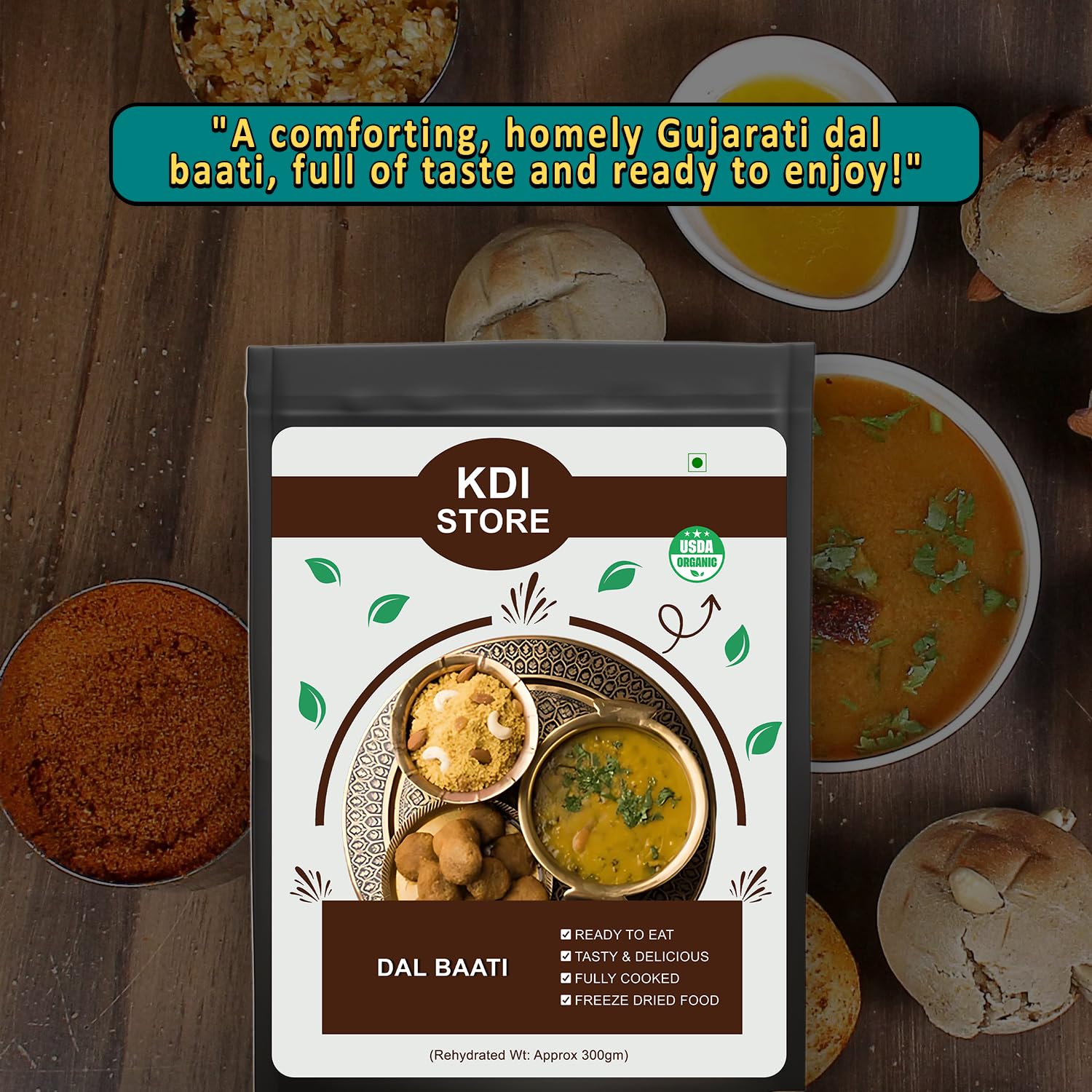 KDI Store Ready to Eat Dal Baati, Traditional Gujarati Lentil Curry with Wheat Balls, USDA Organic, Freeze Dried,120g
