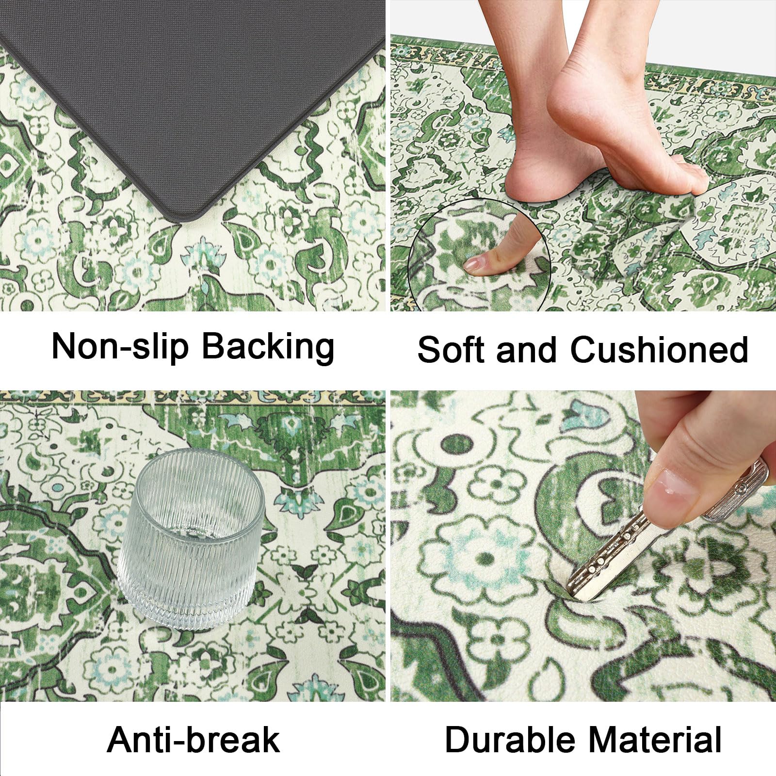 Ileading Kitchen Anti Fatigue Mat Set of 2 Non Skid Kitchen Rugs and Mats Waterproof Cushioned Kitchen Floor Mat Vintage Comfort Standing Desk Office Mat for Kitchen Sink Laundry, Green