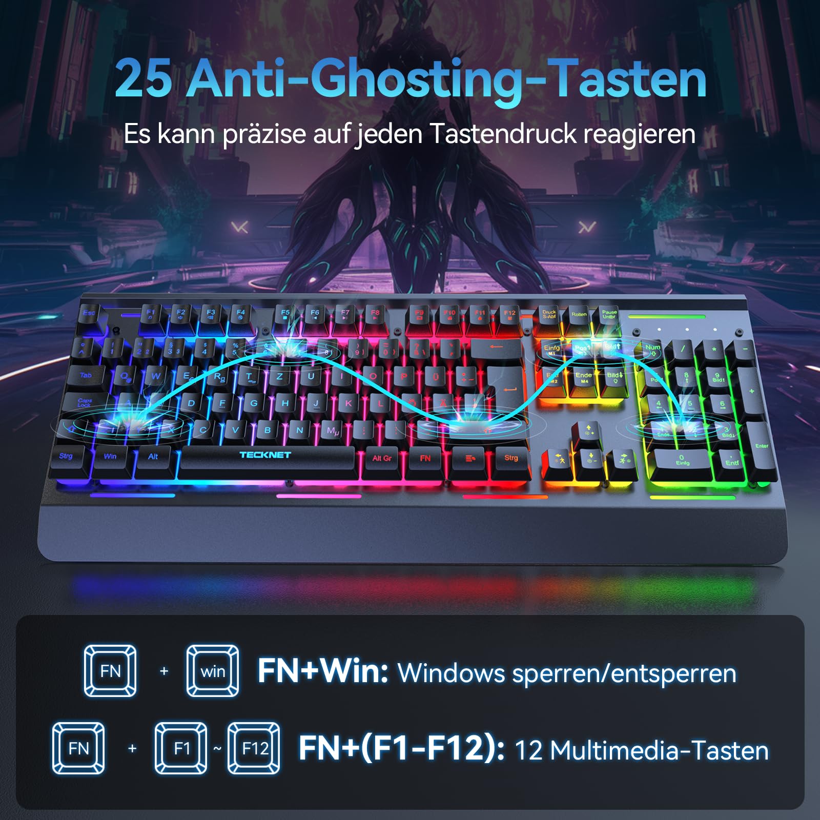 TECKNET Gaming-Tastatur Kabellos, QWERTZ-Tastatur (Deutsches Layout), Membran Tastatur mit 105 Tasten, Vollmetall-Pane, RGB Beleuchtung, Handgelenkauflage, 25 Anti-Ghosting-Tasten für Gamer & Büro