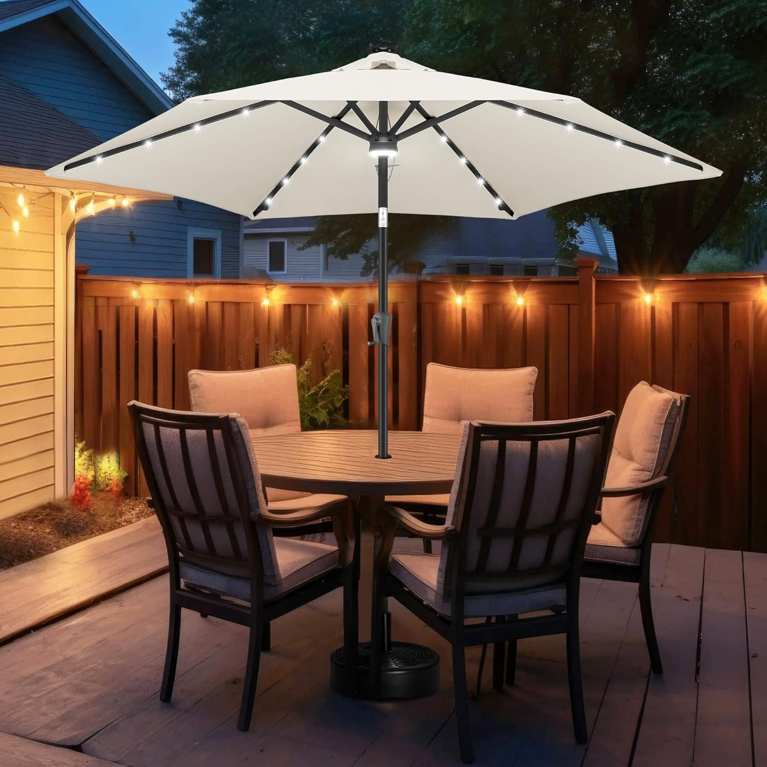 FLAME&SHADE 10ft Solar Outdoor Umbrella - 24 LED Lighted Patio Umbrella with Centre Surround Light, Table Umbrellas with Tilt & Crank for Pool, Porch, Garden, Deck, Backyard UV Protection (Ivory)
