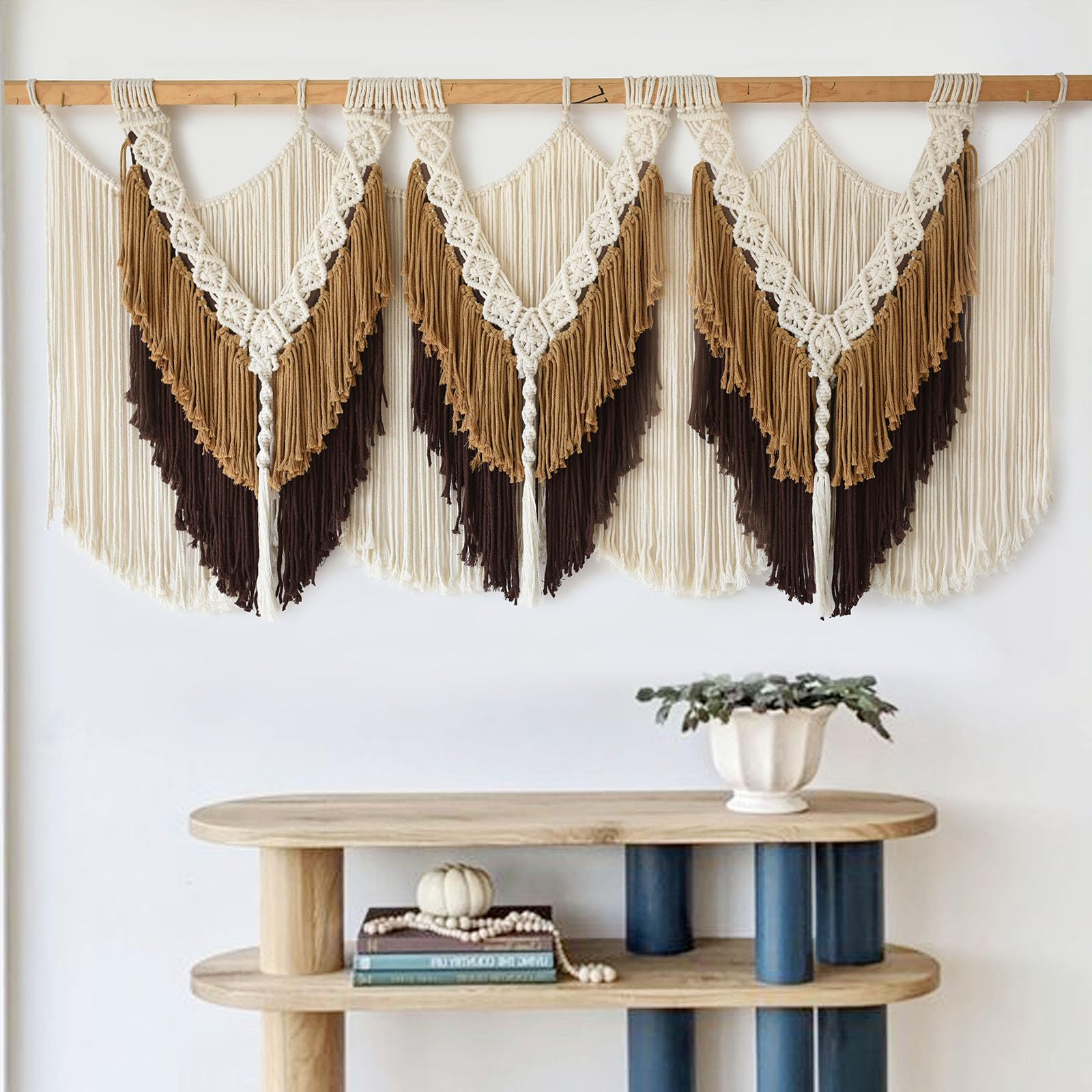 Makramee-Wandbehang, braune Quaste, Knoten, Faser, Kunst, Boho-Dekor, 119,4 x 63,5 cm (B x L)