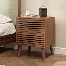 Furnify Nightstand with Fluted Drawer, Small Side Table for Bedroom, Walnut | Mid Century Modern Night Stand with Storage, Bedside Table with Solid Wood Legs, End Table for Living Room, Easy Assembly