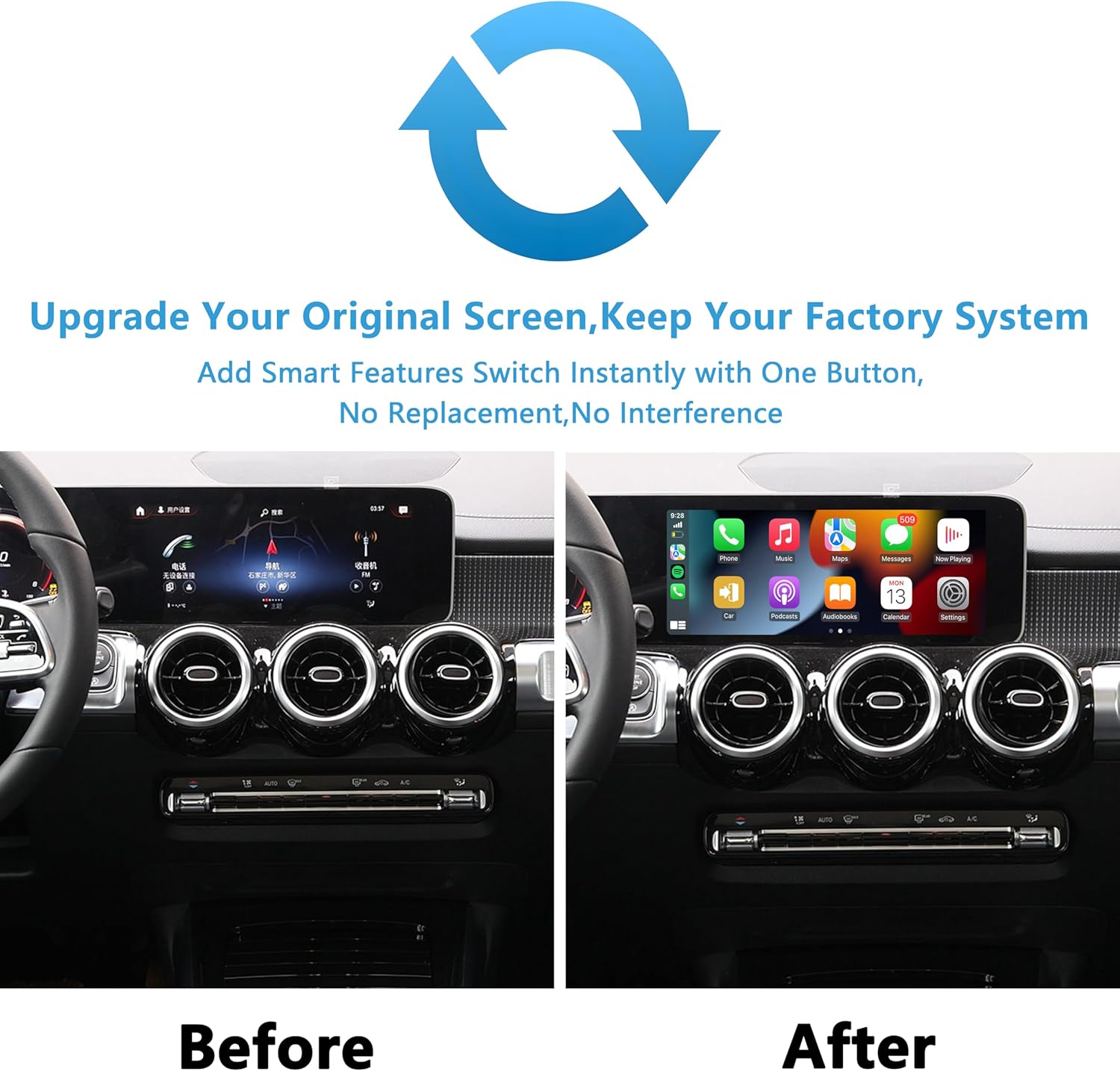 Diagram showing the CarPlay Android Auto module and its included cables: power cable, USB/camera cable, and video cable.