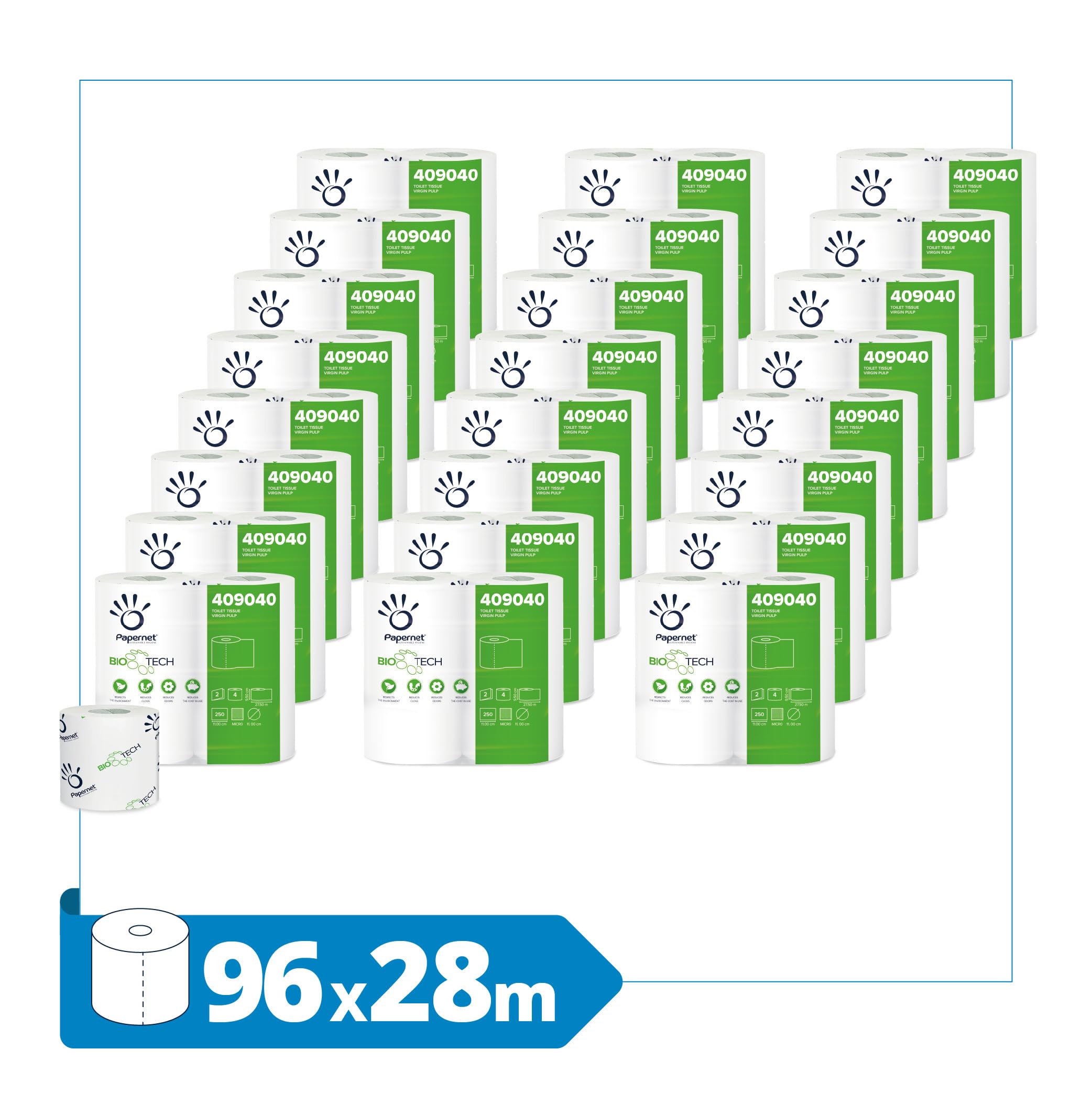 Papernet Papel Higiénico Bio Tech (409040), 24 Paquetes x 4 Rollos, 2 Capas | 96 Rollos en Total, 250 Hojas por Rollo, Celulosa Pura, 9,5 x 11 cm, Certificado EU Ecolabel, Blanco