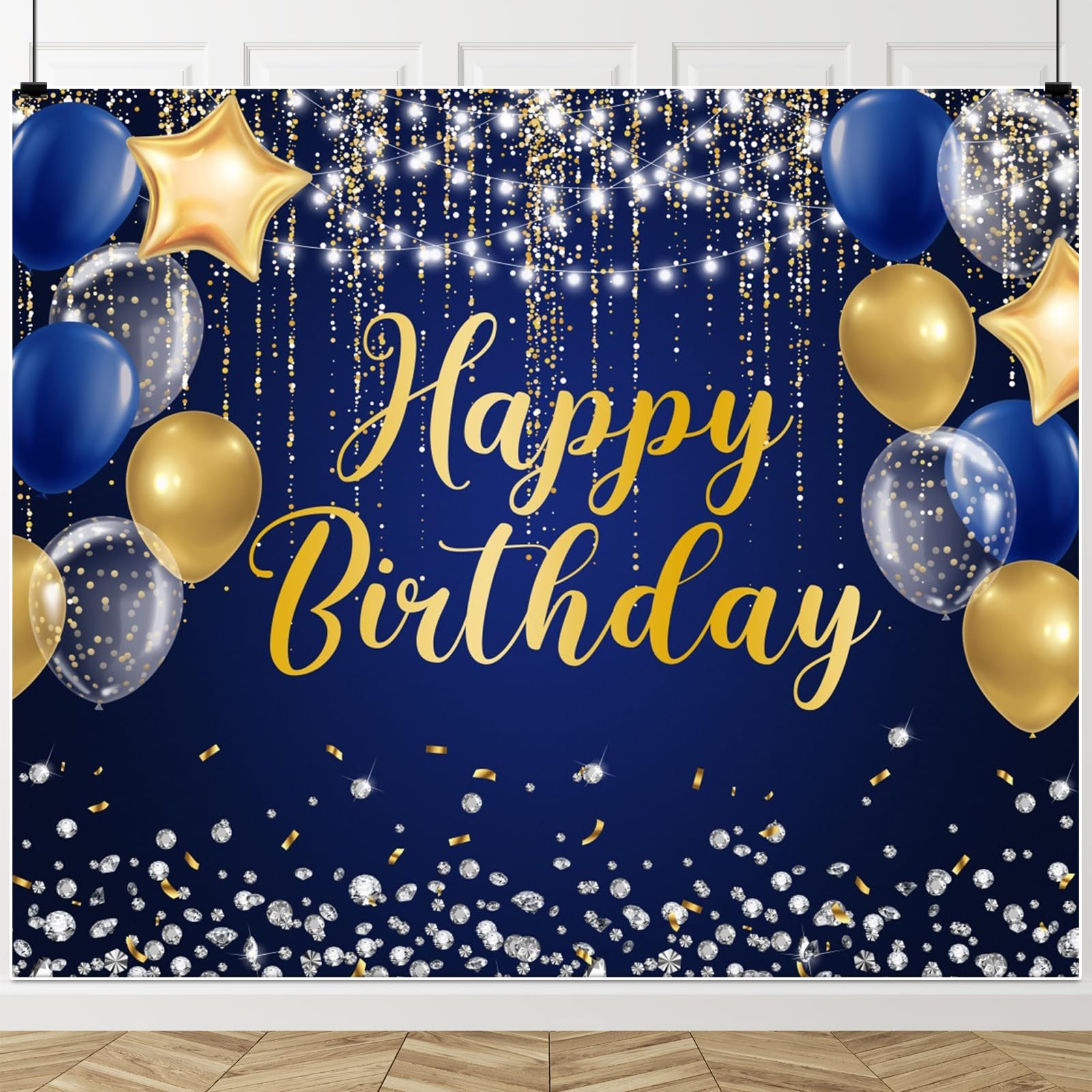Navy Blue and Gold Happy Birthday Backdrop 10x8ft Royal Blue Birthday Banner Large Happy Background Decorations Supplies for Men Women Boys Girls