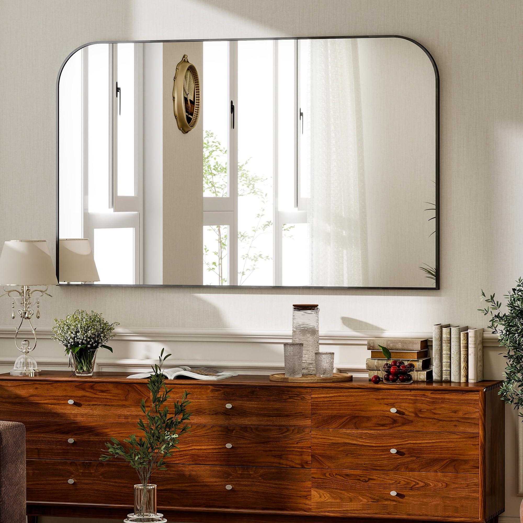 Koonmi Rounded Rectangle Bathroom Wall Mirror, 76 x 120 cm, Black