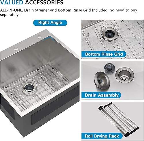 Miniatura 97 de Fregadero de lavandería de 25 x 22 pulgadas, montaje superior, acero inoxidable T304, calibre 16, 12 pulgadas de profundidad, fregadero individual