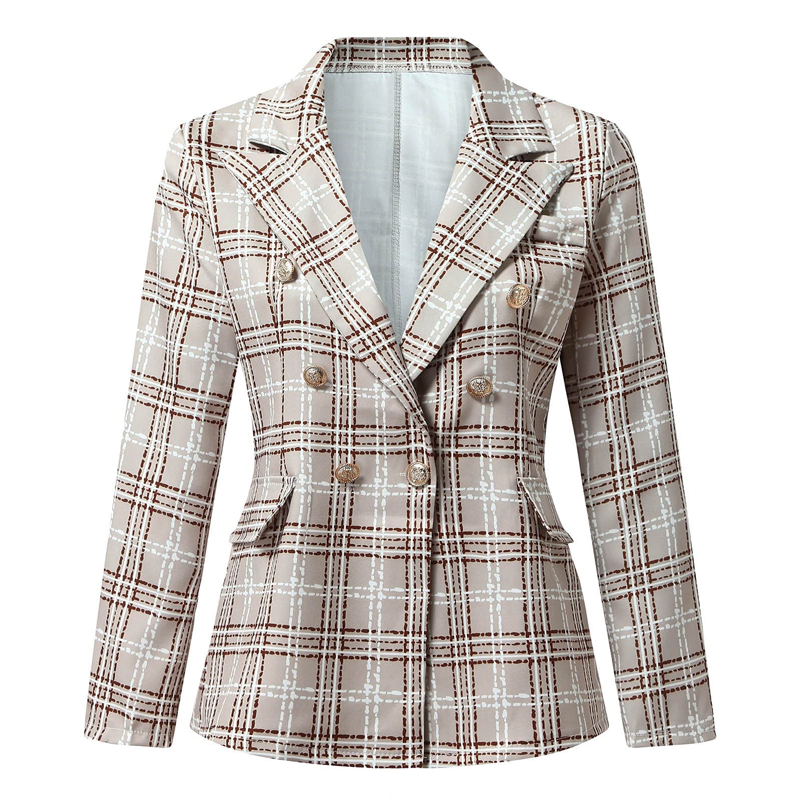 Womens Casual Plaid Blazer Long Sleeve Double Breasted Jacket Lapel Collar Coat Suit Winter Work Office Blazer Jackets