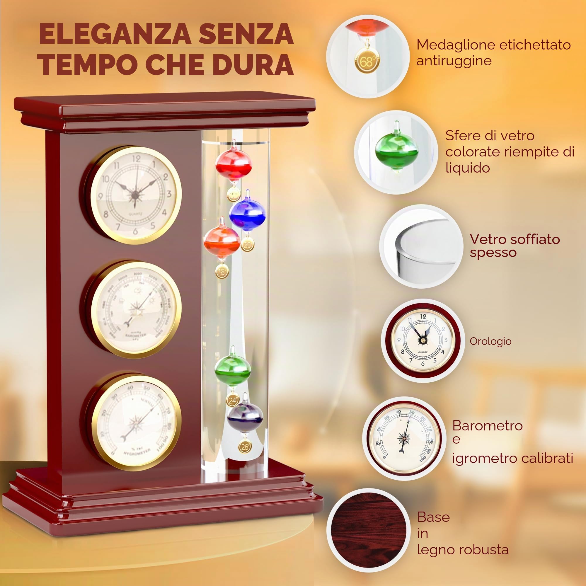 JJ Care Termometro Galileo con Orologio al Quarzo (Oro), Barometro Analogico e Igrometro, Stazione Meteorologica per Interni, Telaio in Vetro e Legno