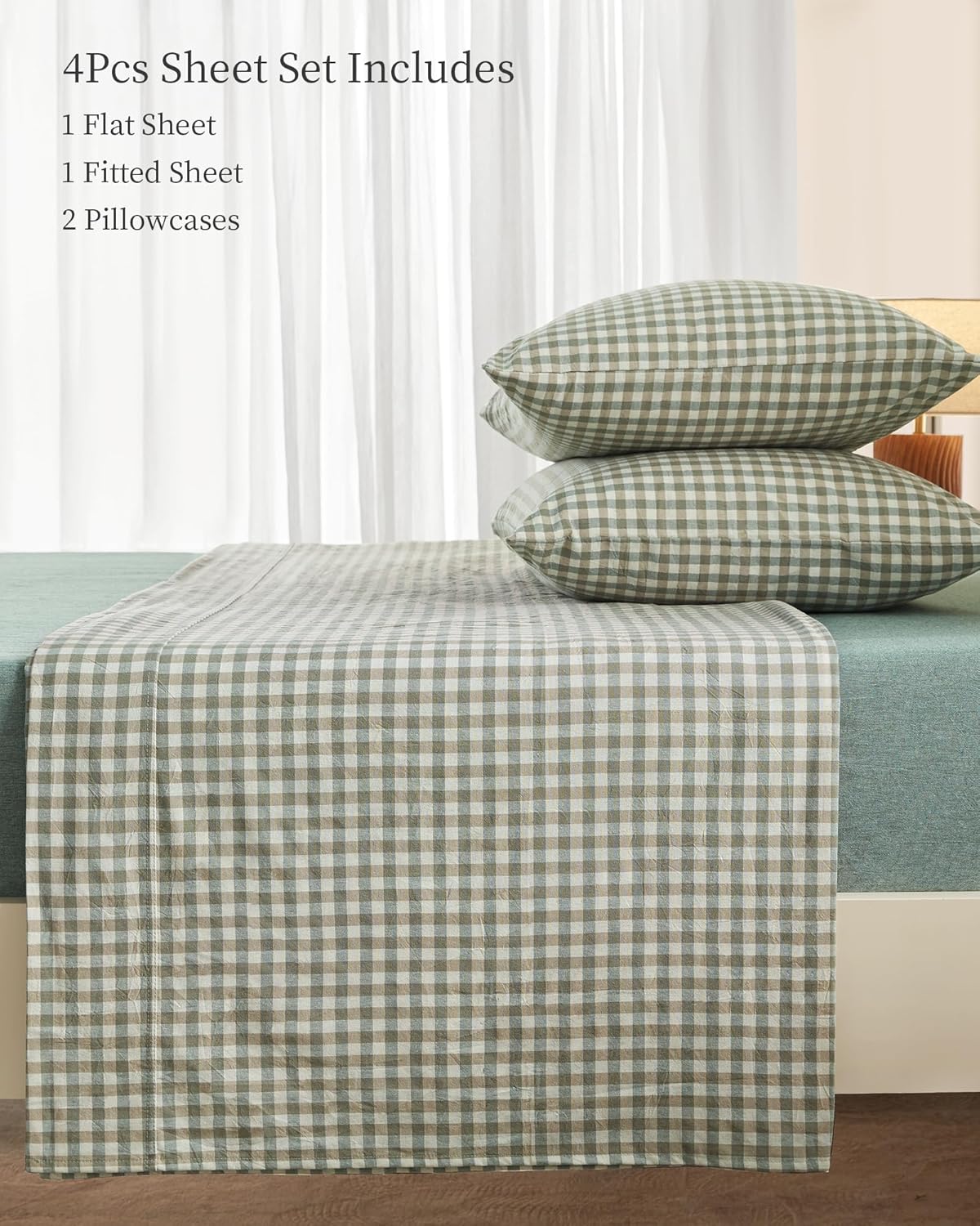 PURE ERA King Sheet Set 100% Washed Cotton Gingham Bed Sheets King Size,4 Pieces Set, Soft,Breathable, Durable,Linen Feel - 15" Deep Pocket - Checked Sage Green