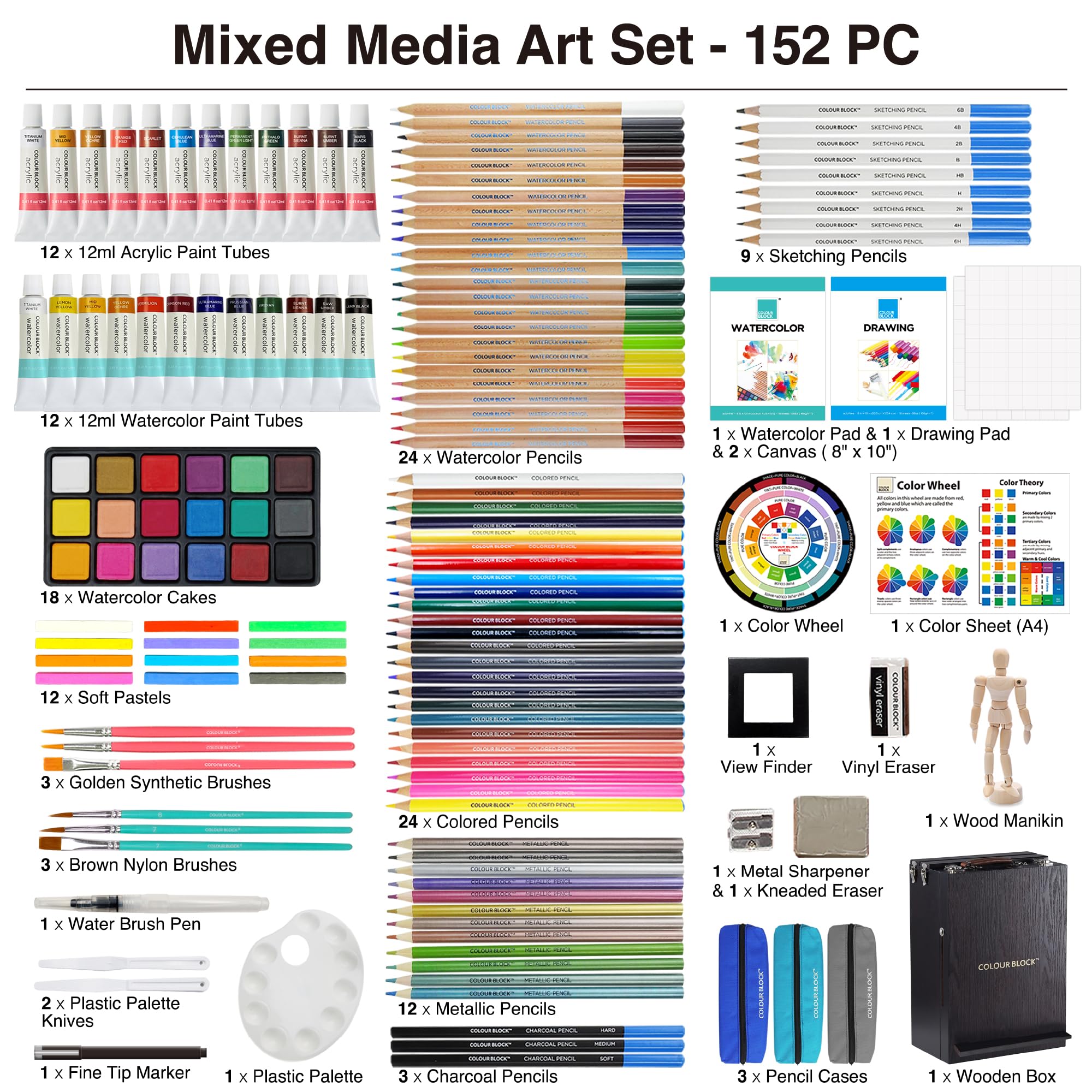 COLOUR BLOCK 152 szt. drewniana sztaluga mieszane media materiały plastyczne zestaw do malowania i rysowania, zestaw artystyczny dla dorosłych z farbą akrylową i ołówkami, szkicownikiem i farbami akwarelowymi, profesjonalne zestawy sztuki w pudełku