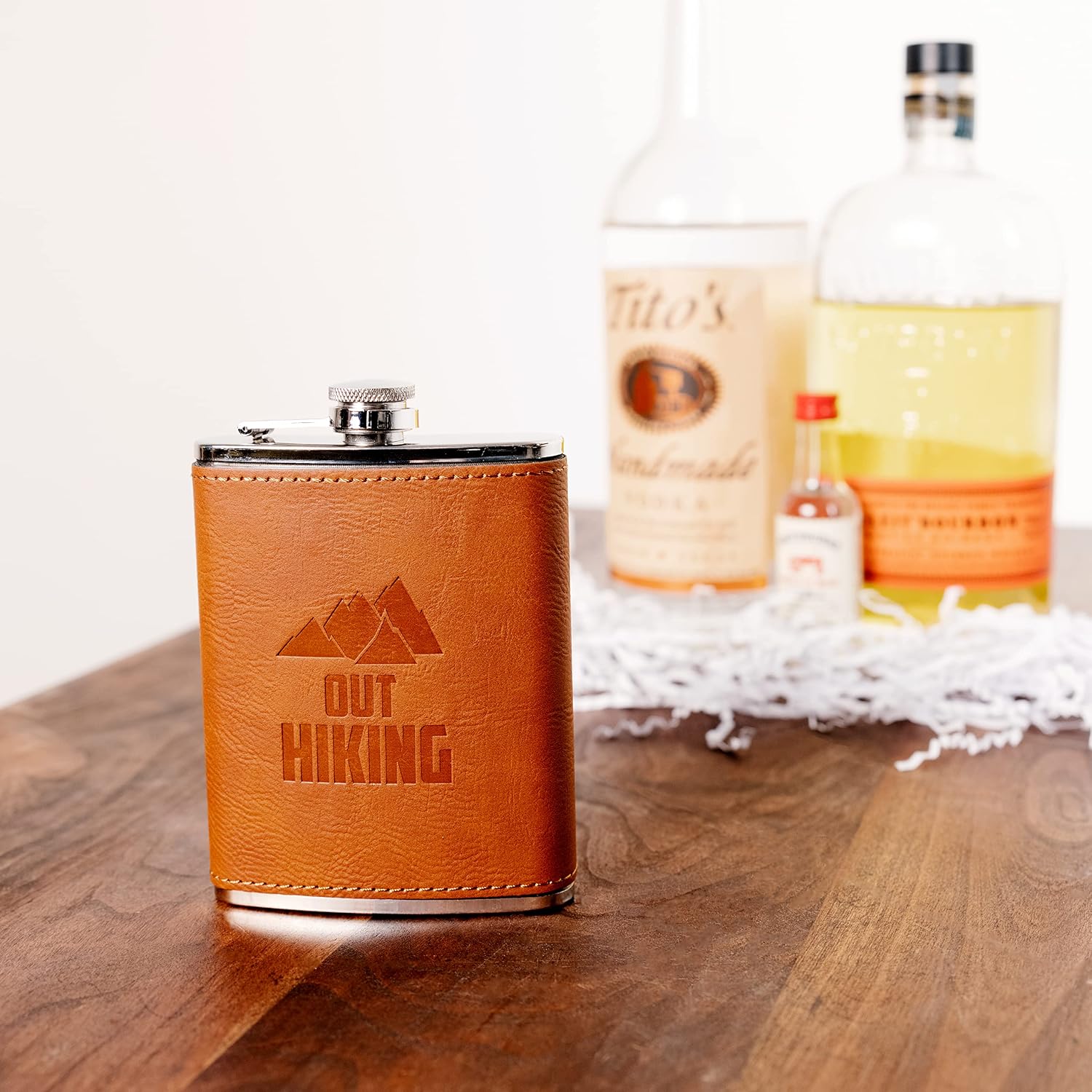 Pavilion Gift Company - Out Hiking - 8 oz Stainless Steel PU Leather Flask Outdoorsy Woodsy Hike Camping Mountain Men Women Hiker Unique Gift