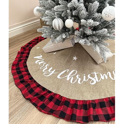 AISENO 48 Inch Christmas Tree Skirt Linen Burlap Buffalo Plaid Edge Decoration for Merry Christmas Party Red and Black Buffalo Christmas Tree Skirt Decorations