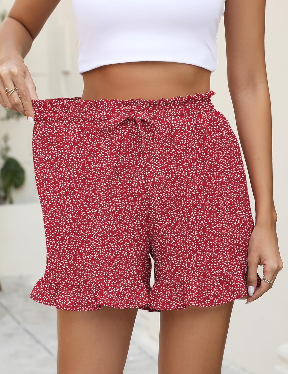 IECCP Women's Shorts 2026 Summer Casual Cute Ruffle Shorts Comfy Elastic Waist Drawstring Pleated Short with Pockets - Image 3