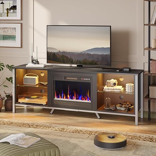 Bestier Soporte de TV de 70 pulgadas con chimenea para TV de 75 pulgadas, moderno centro de entretenimiento con chimenea LED para juegos para PS5