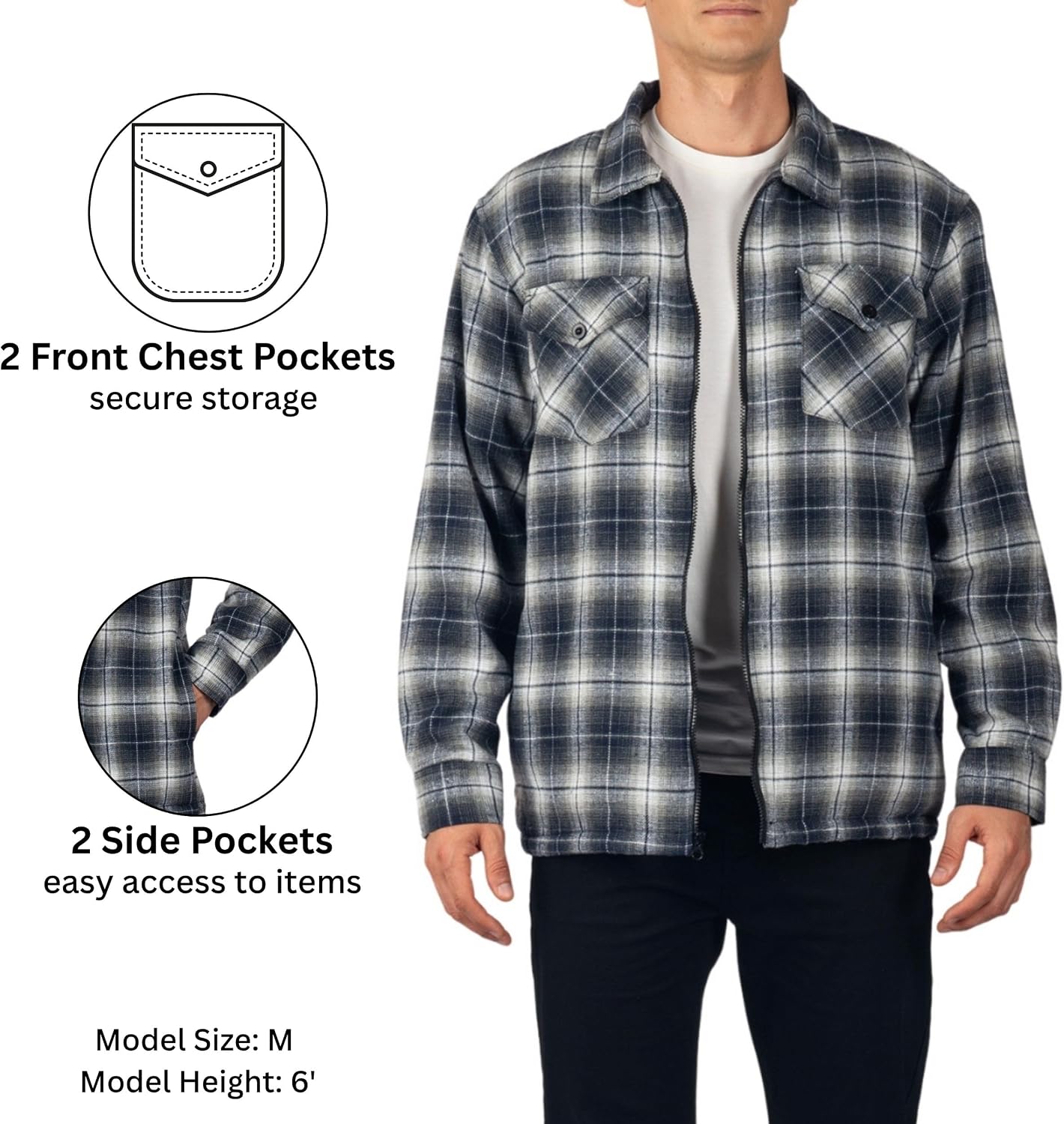 Alpine Swiss Mens Felix Fleece Lined Flannel Jacket Heavyweight Yet Soft Zip-Up Plaid Shirt Shacket Warm Winter Outerwear