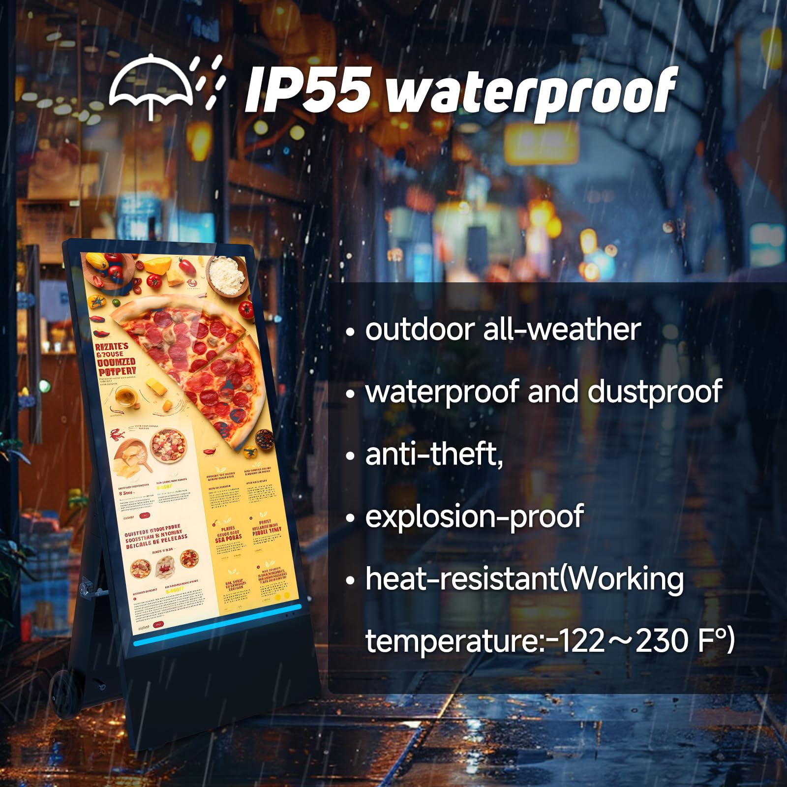 Digital Signage Display 43", IP65 Outdoor Digitaler Kundenstopper 2000 Nits mit 10h Akku, Wetterfester Digital Signage Kiosk für Einzelhandel und Gastronomie