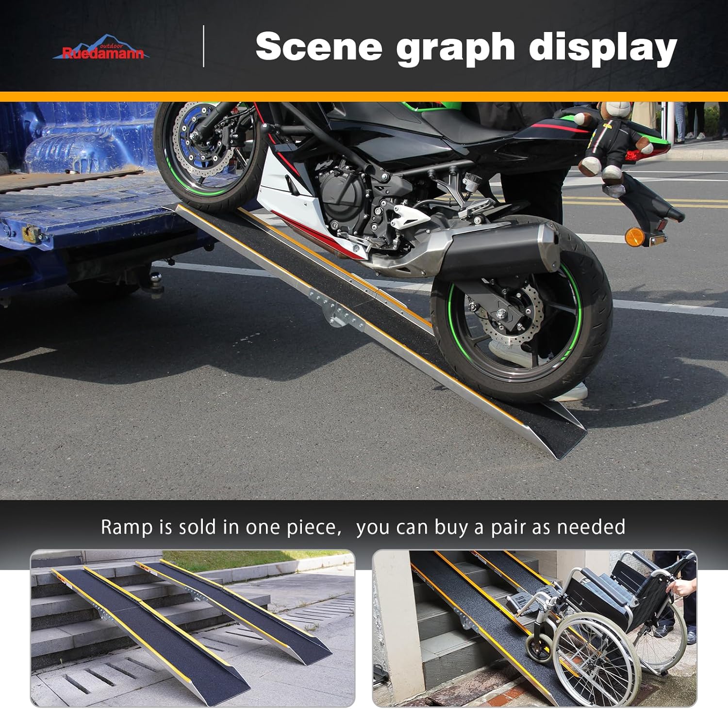 Ruedamann 71" Aluminum Loading Ramps for Pickup Trucks Trailers, Folding Motorcycle Ramp, 600Lbs Capacity, Snowmobile Ramp, ATV Truck Ramps for Dirt Bike, Tractor, Tailgate Bed, Usable Width 8.5", 1PC