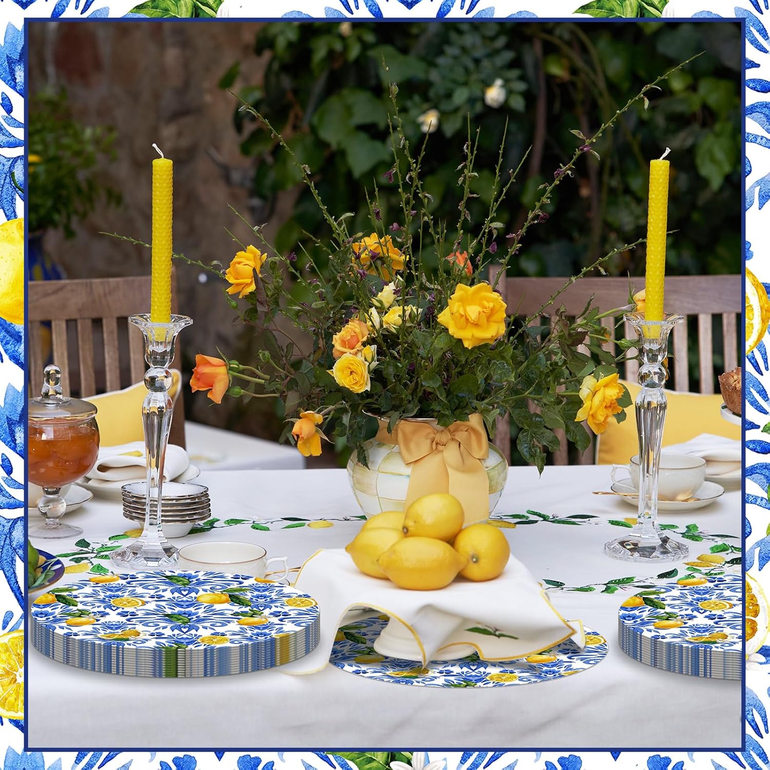 100 Pack Disposable Lemon Paper Placemats Blue Yellow Capri Lemon Party Decorations Amalfi Coast Table Placemats for Mediterranean Positano Wedding Kitchen Decorations