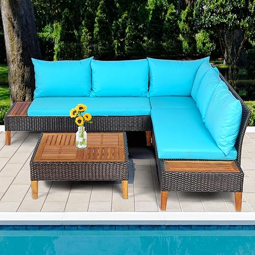 Miniatura 4 de Tangkula 4 Pieces Acacia Wood Patio Conversation Set, Patiojoy Outdoor PE Rattan Sectional Sofa Set with Coffee Table, Corner Sofa & 2 Loveseats,