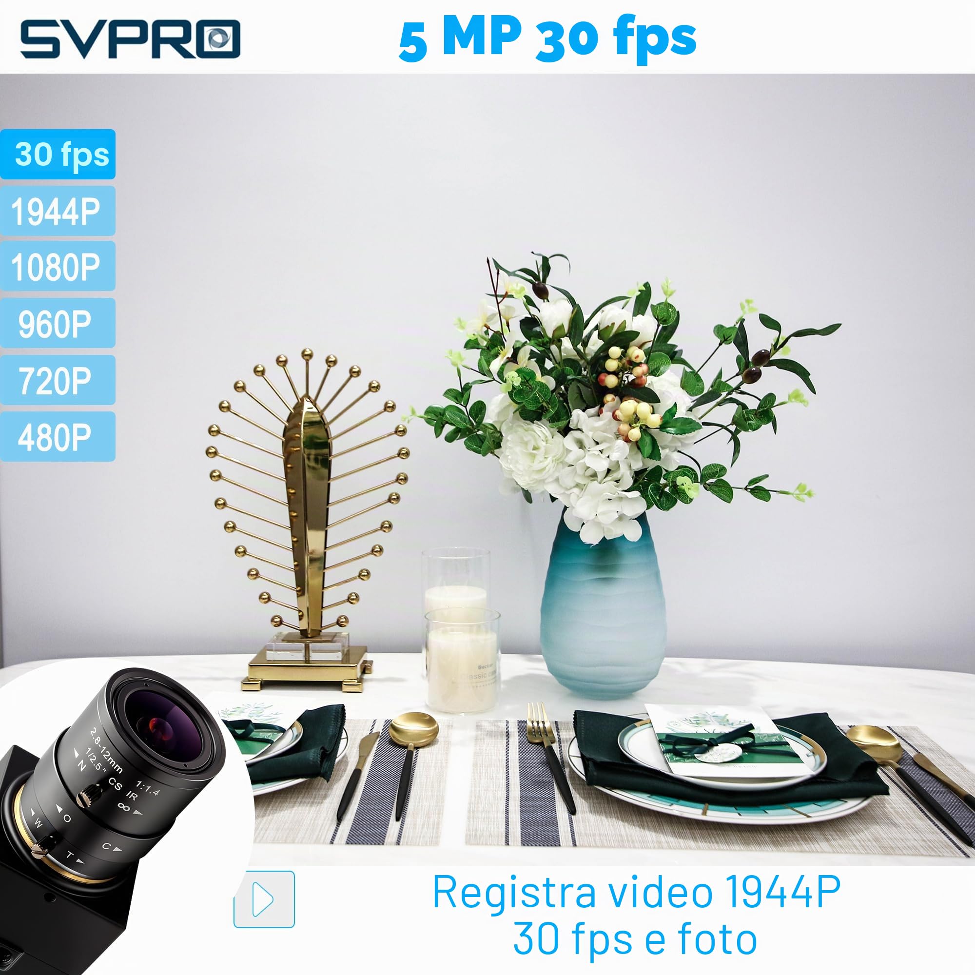 Svpro Webcamera USB 5 MP, 30 fps, obiettivo zoom 2,8-12 mm, IMX335, per monitoraggio macchina, a bassa luce, PC, laptop, UVC Plug-in Webcam per Windows, MacOS, Linux
