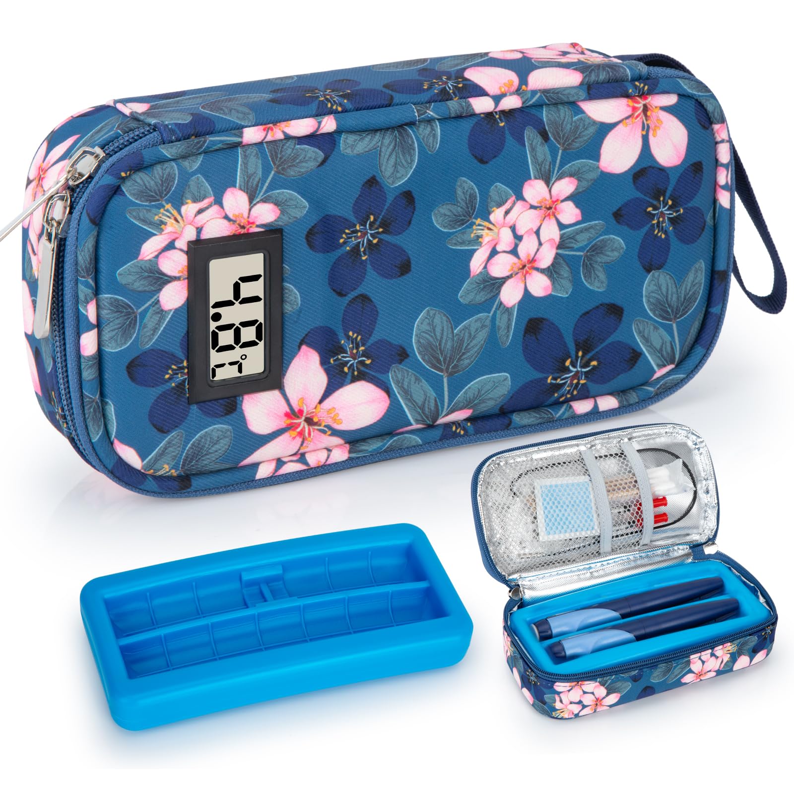 SUNMON Insulin Pen Cooler Travel Case with ℃ Display, Long-Lasting Cooling Medication Injection Cooler Bag Vial Medicine Cooler Case for Travel with One Ice Brick (Magnolia)