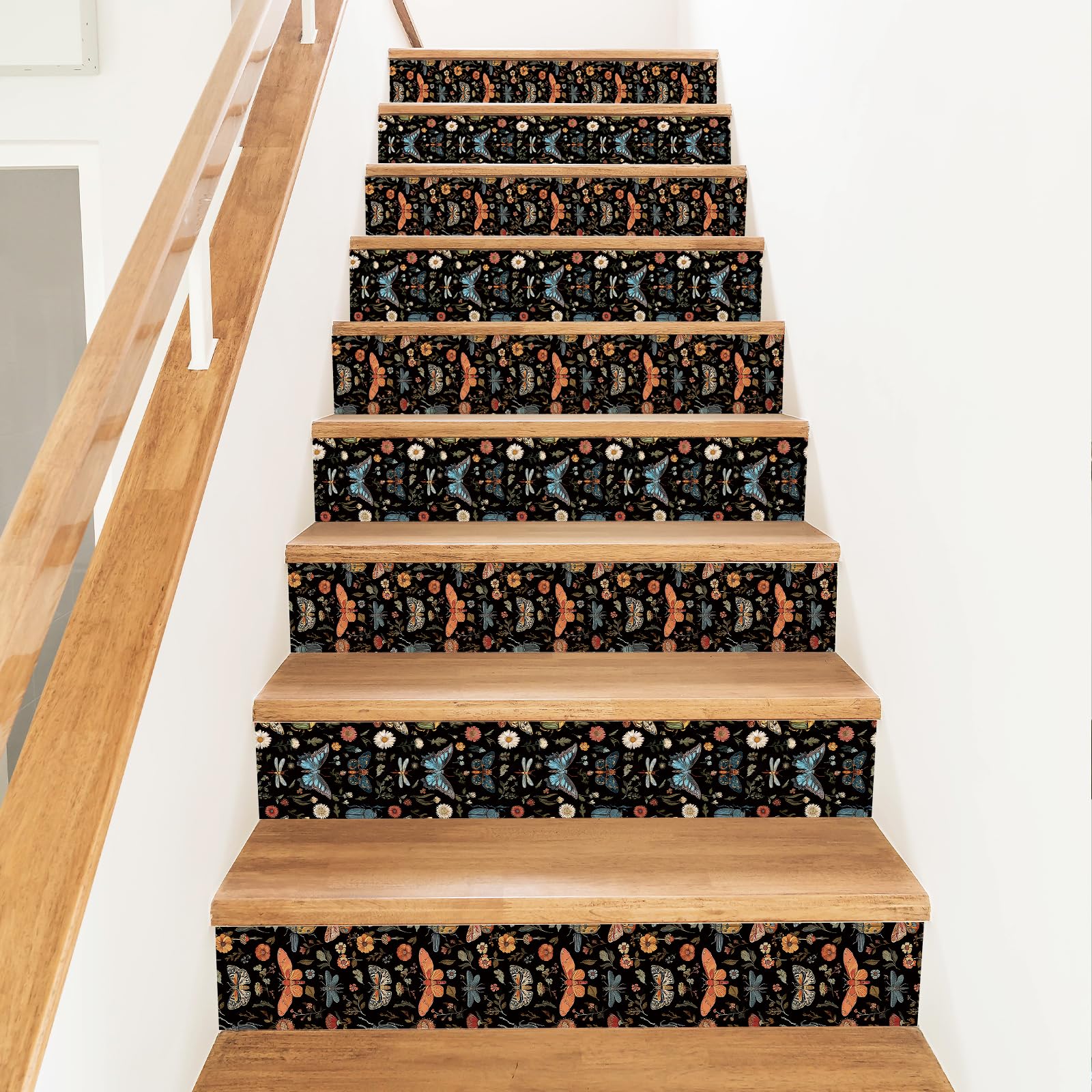 PLIGREAT 15 Strips Insect Print Stair Decals, Peel and Stick DIY Stair Riser Stickers for Steps 18x100cm Self-Adhesive Vinyl Staircase Murals for Home Hotel Decor