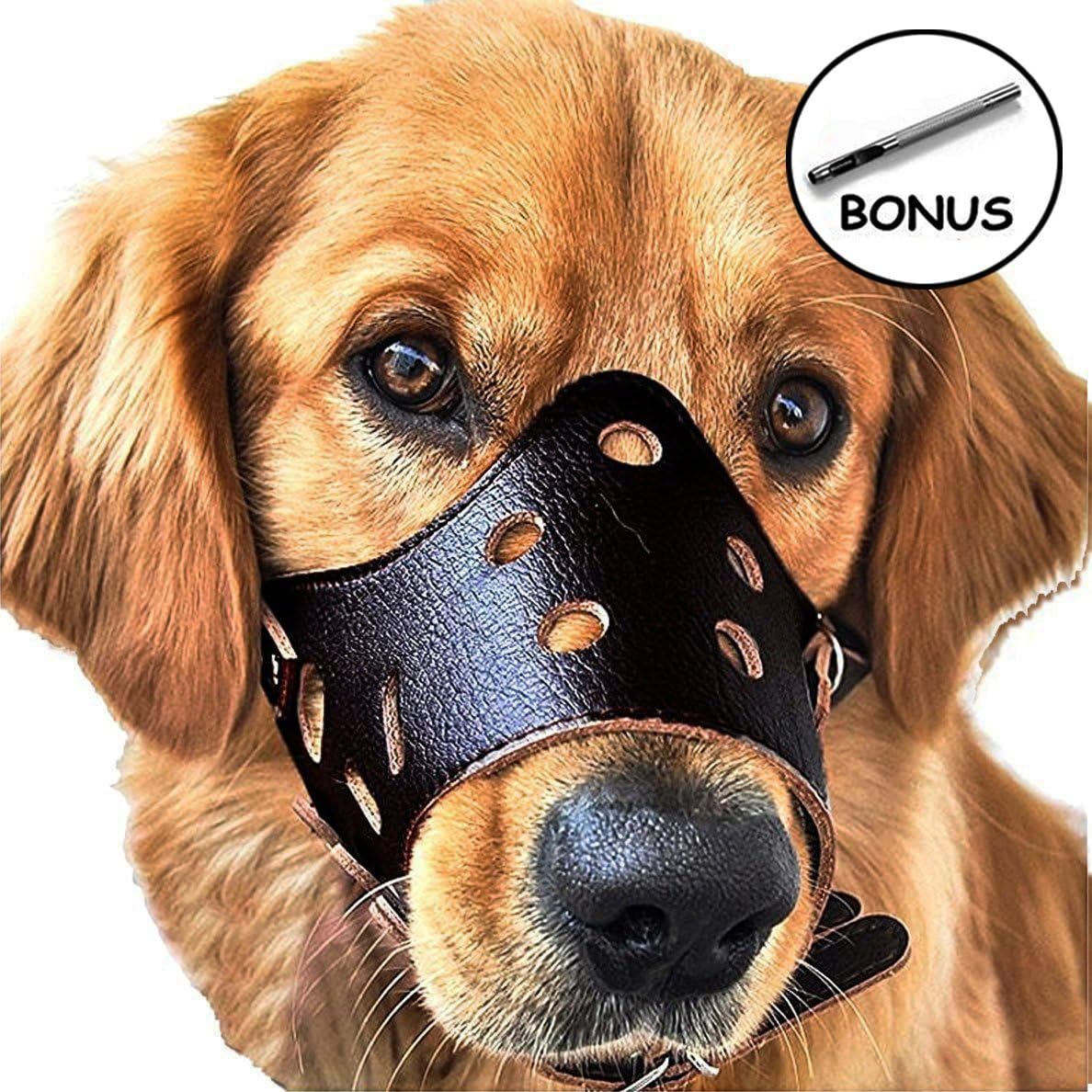 JUNMO Adjustable Leather Anti-biting Breathable Safety Pet Puppy Muzzles Mask for Biting and Barking Medium Black