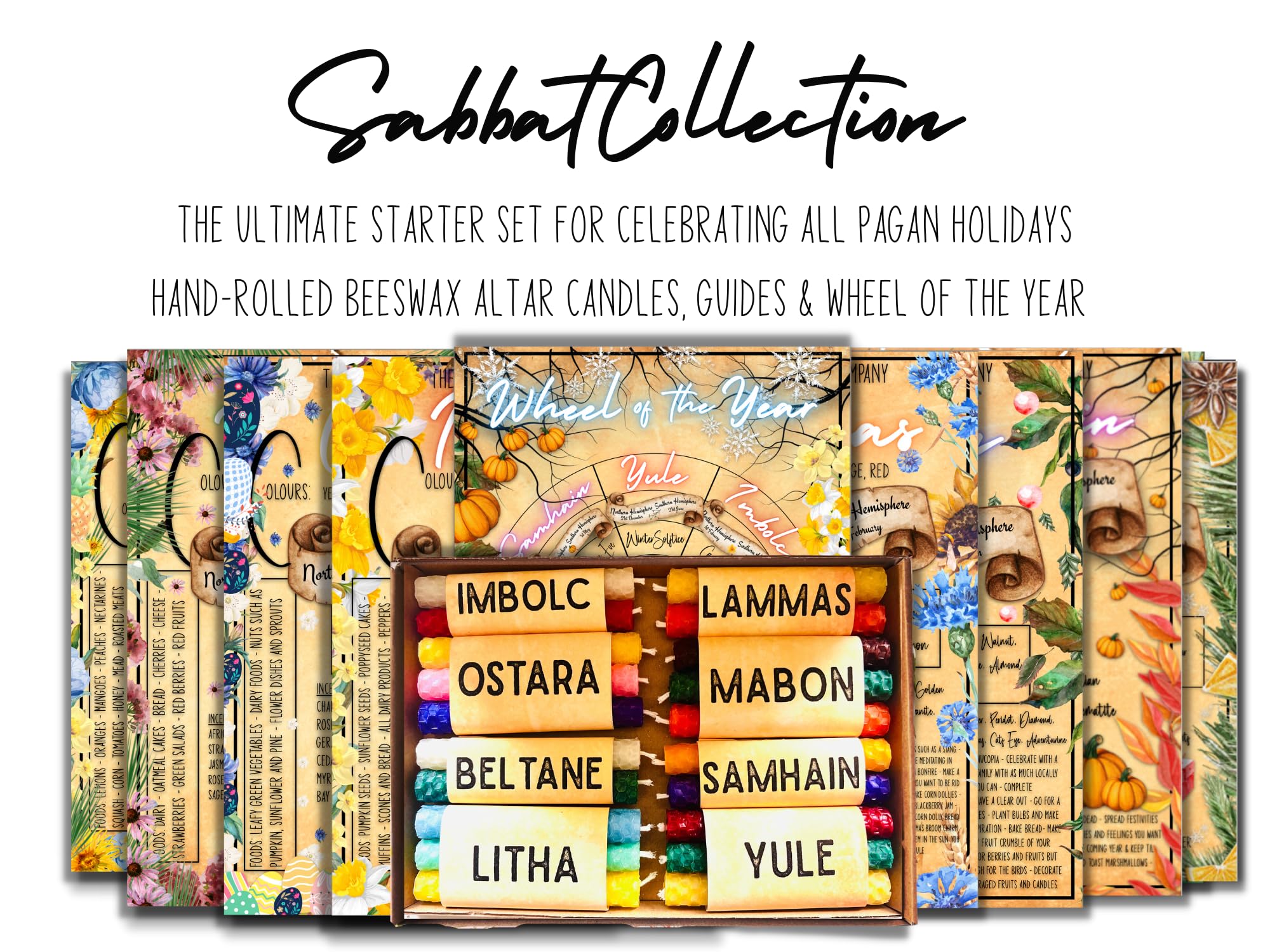 Complete Set of 4 Inch Beeswax Altar Candles for Every Sabbat and Esbat | Unscented | Assorted Colours | A4 Guide for Each Sabbat | A4 Wheel of The Year | Hand-Rolled | Burn Time 80 Minutes
