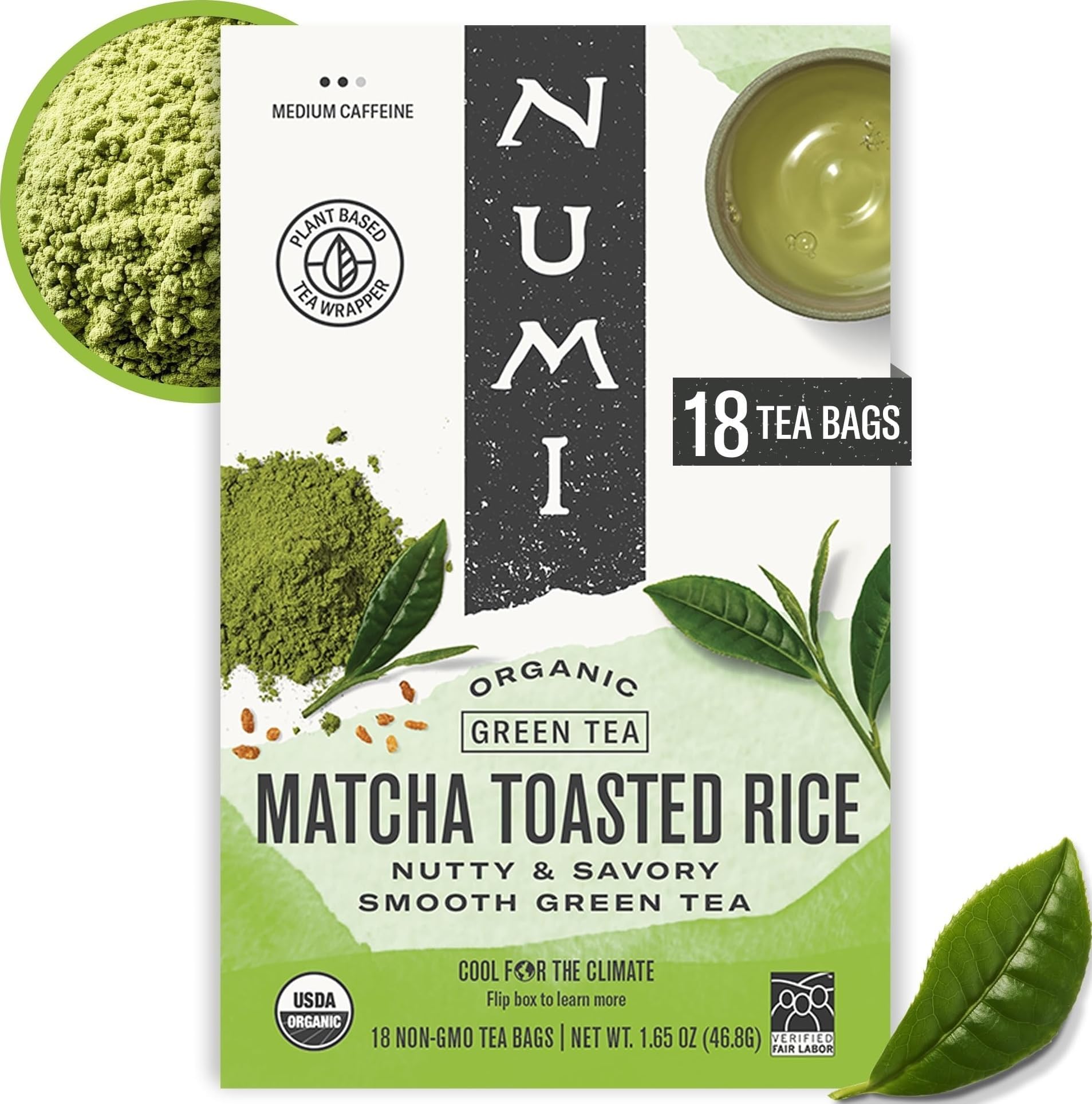 Numi Organic Matcha Toasted Rice Tea, 18 Green Tea Bags, Medium Caffeine