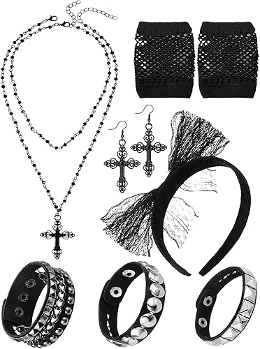 7 piezas de accesorios de disfraz de los años 80 para mujer, pulsera punk de cuero para Halloween, collar de cruz negra, diadema de encaje, guante
