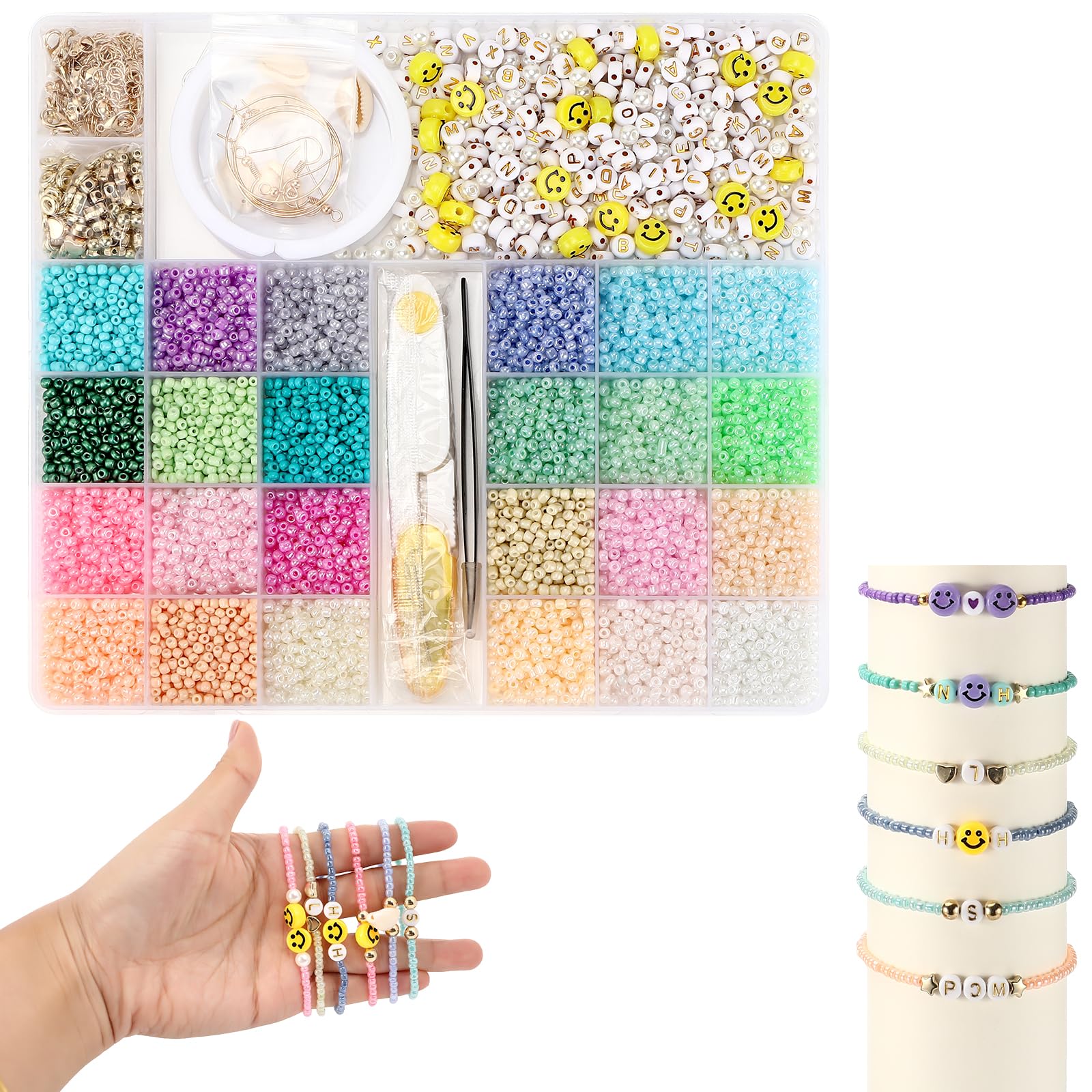 Kit de Mini Cuentas 12400 Piezas 24 Colores para Hacer Pulseras Abalorios para Hacer Pulseras,Bolitas con Letras para DIY para Hacer Pulseras, Beads for Jewelry Making