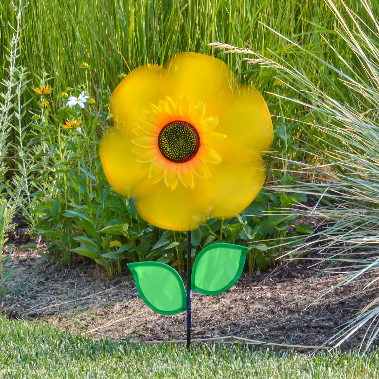 In the Breeze 2791 — 12-inch Yellow Sunflower Wind Spinner with Leaves — Colorful Flower for Yard and Garden