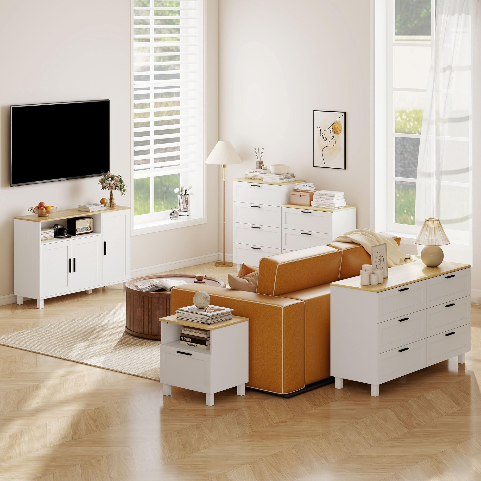 HOMCOM Aparador de 3 Puertas de Cierre Suave, Aparador de Salón con Estantes Ajustables, Compartimento Abierto, Patas de Madera, para Cocina, Entrada, Dormitorio, Blanco, 110x33x75 cm