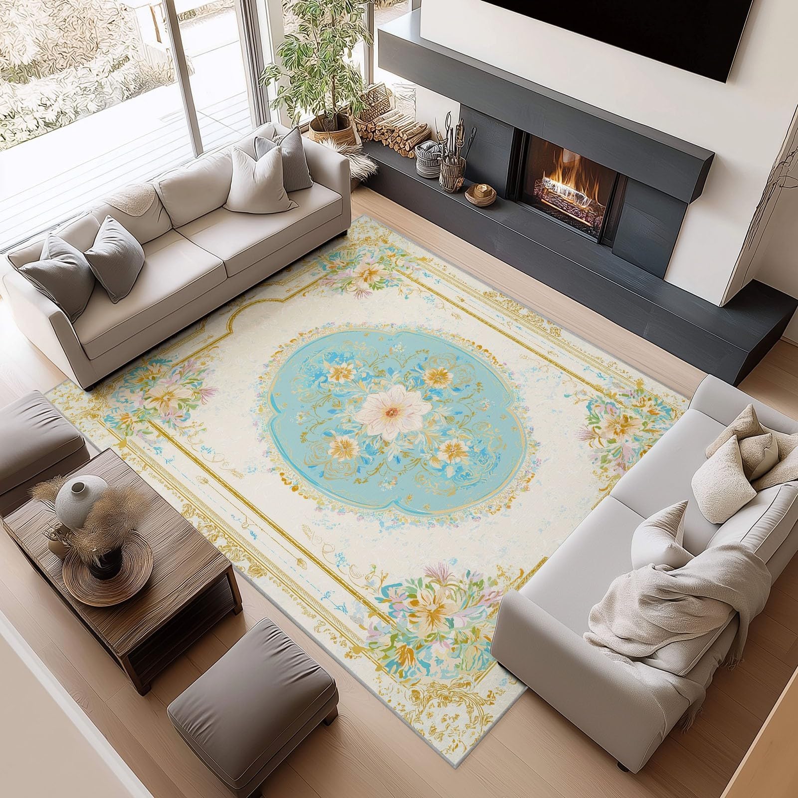 Tapis bohème floral vintage ultra fin bleu 80x150 cm lavable salon