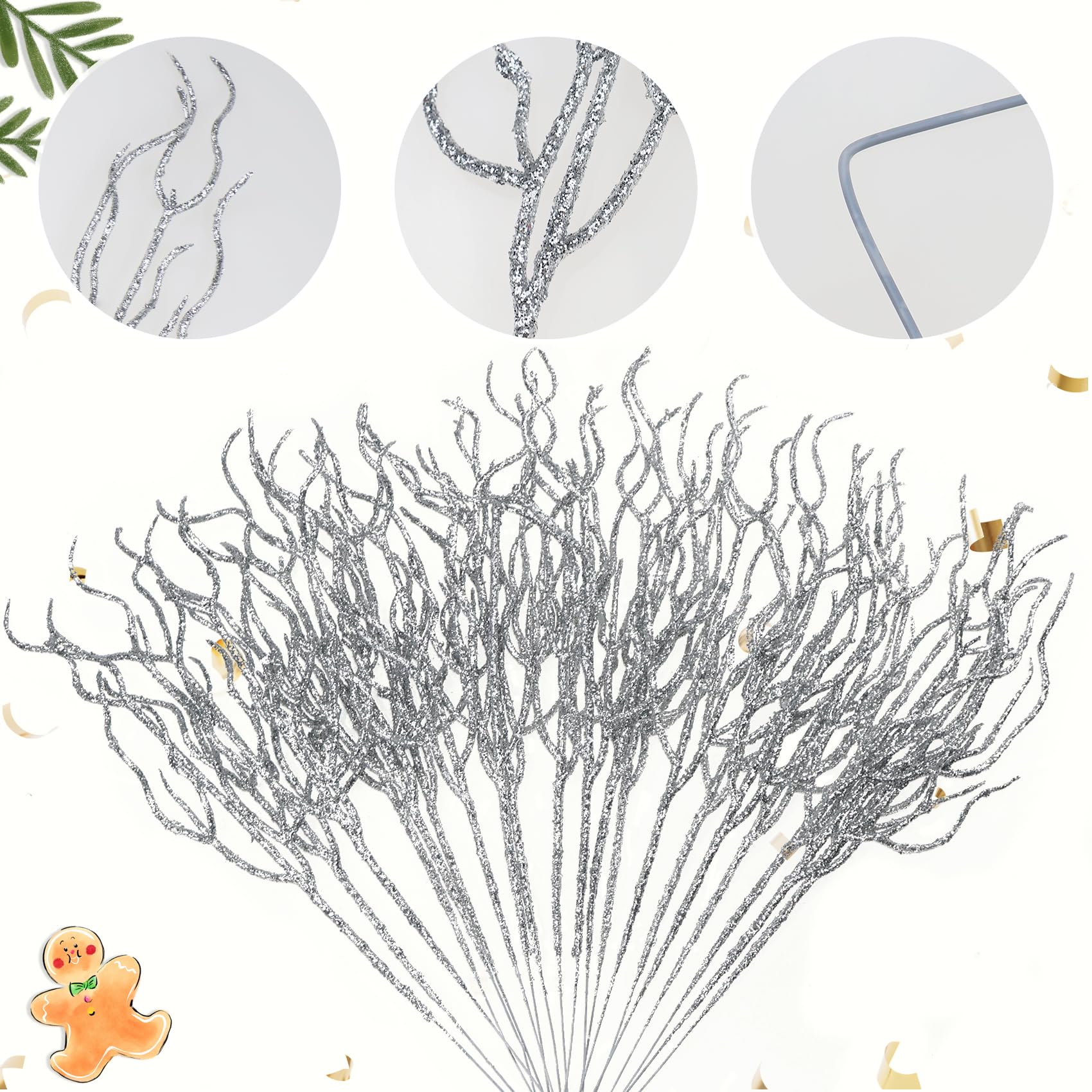 30 Decorazioni Per Riempire L'Albero Di Natale, Plettro Glitterato Per Albero Di Natale, Riempitivo Per Vasi Con Rami Glitterati Per Decorazioni Per La Casa, Centrotavola Per Matrimoni (Argento