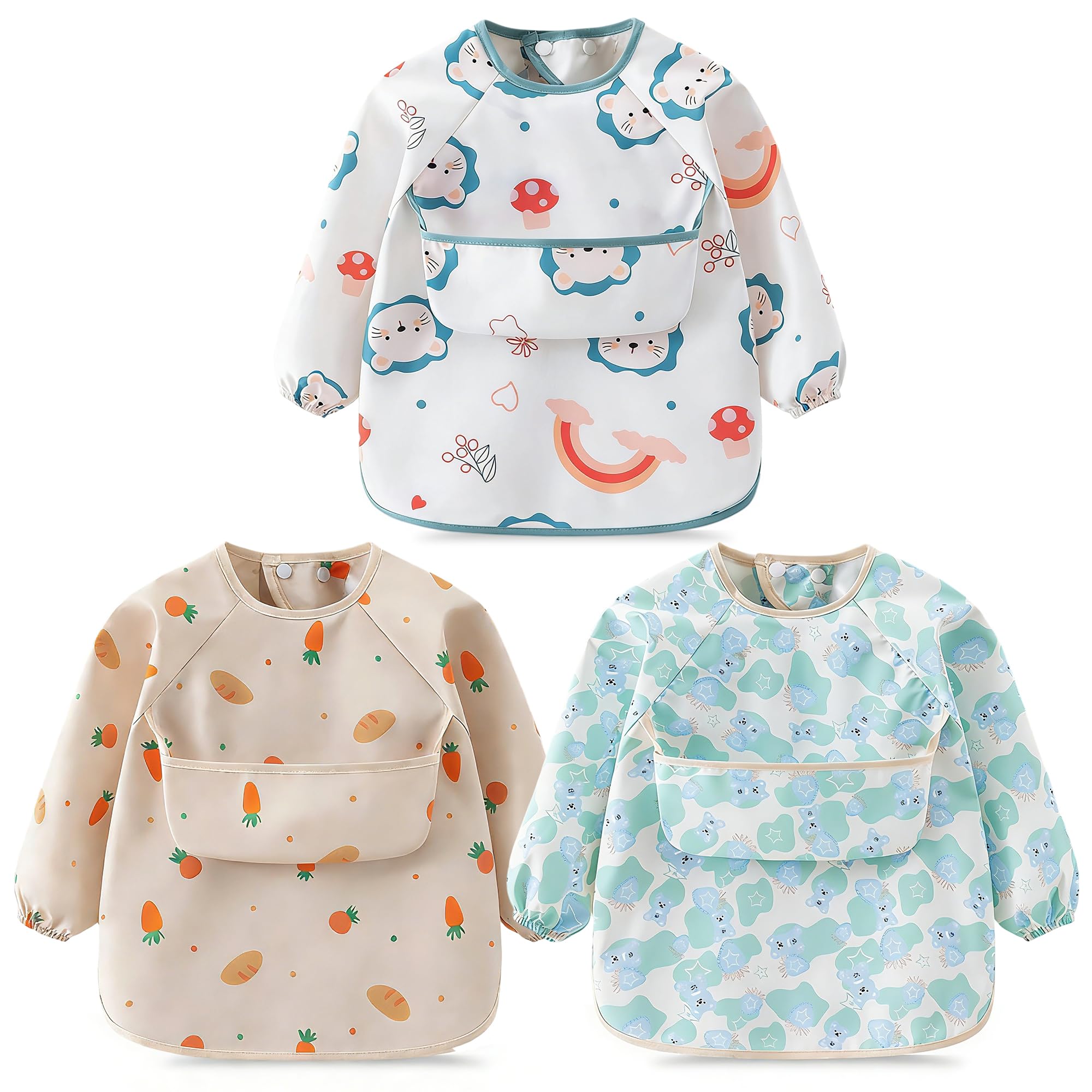 VVQWCY 3 Stück Baby Lätzchen mit Ärmeln, Wasserdichtes Babylätzchen Ärmellätzchen