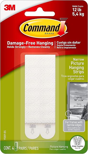 Command Narrow Picture Hanging Strips, Pack of 4 x 2 Adhesive Strips, White - Damage Free Hanging - For Pictures, Frames and Wall Décor - Holds up to 5.4 kg