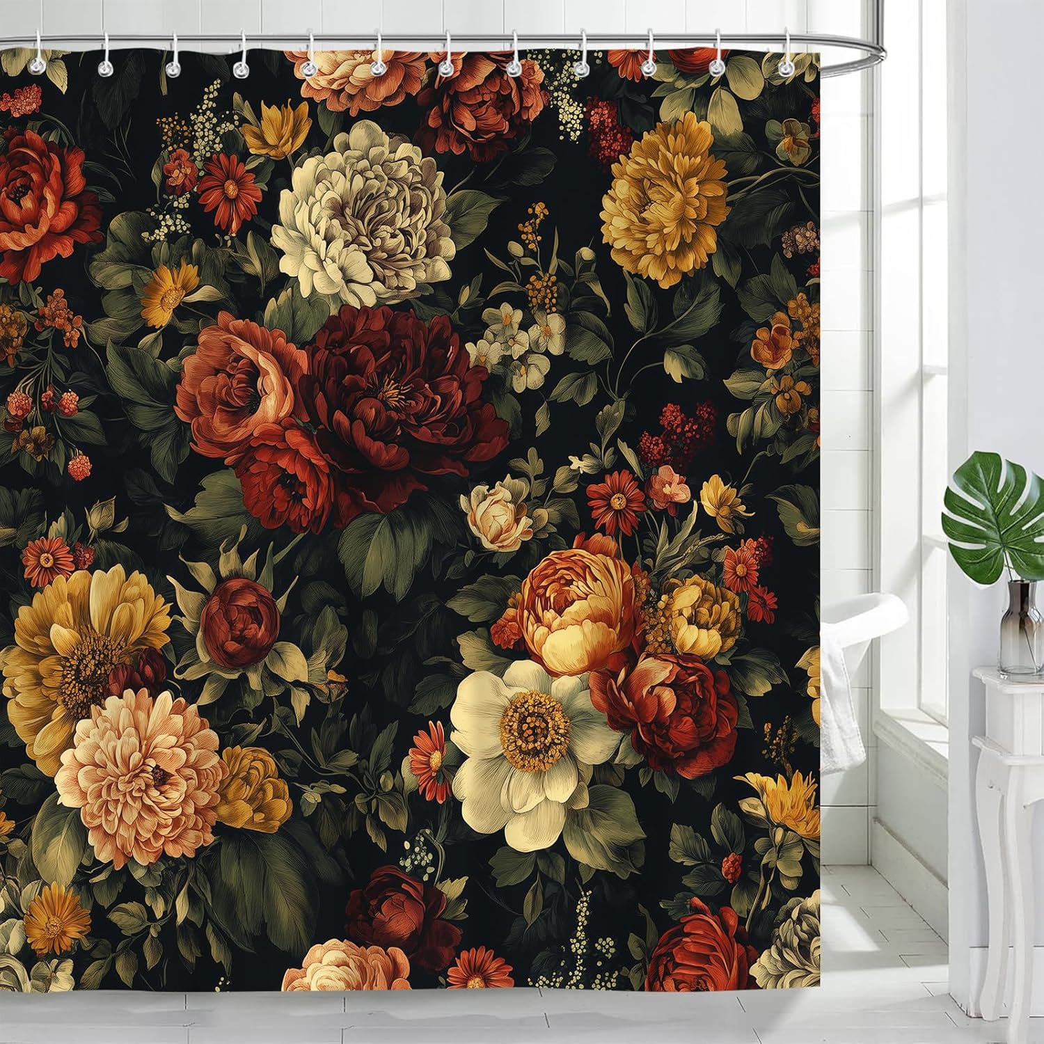 Black Floral Shower Curtain, Boho Vintage Dark Flower Bloosom Rose Plants Bathroom Curtain, Polyester Fabric Waterproof Bathroom Set with 12 Hooks 72x84 Inch