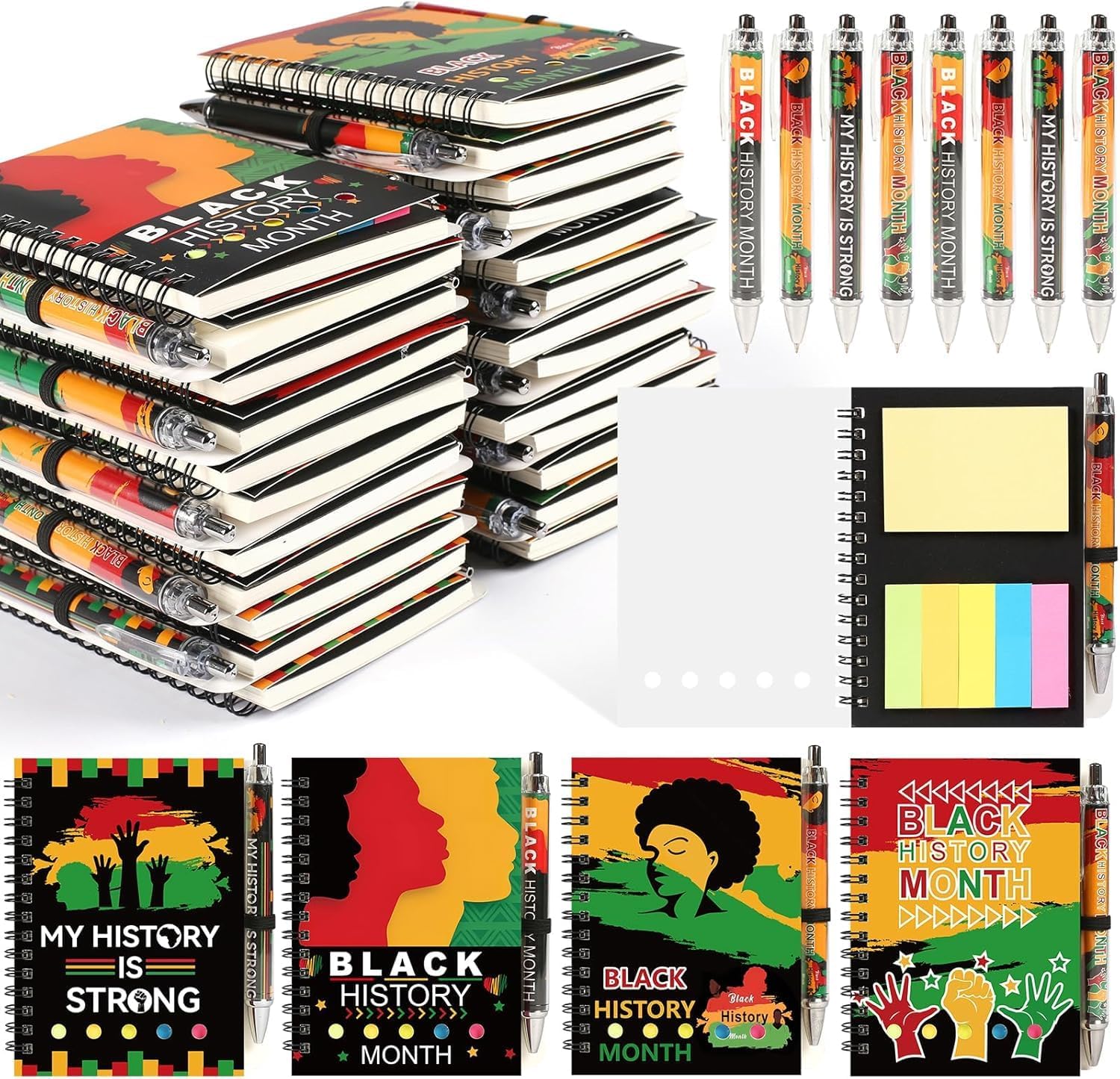 48 Pcs/24 Sets Black History Month Spiral Notepads Bulk African American Spiral Notebooks and Ballpoint Pens for Black History Month Inspirational Gifts for Gifts Party